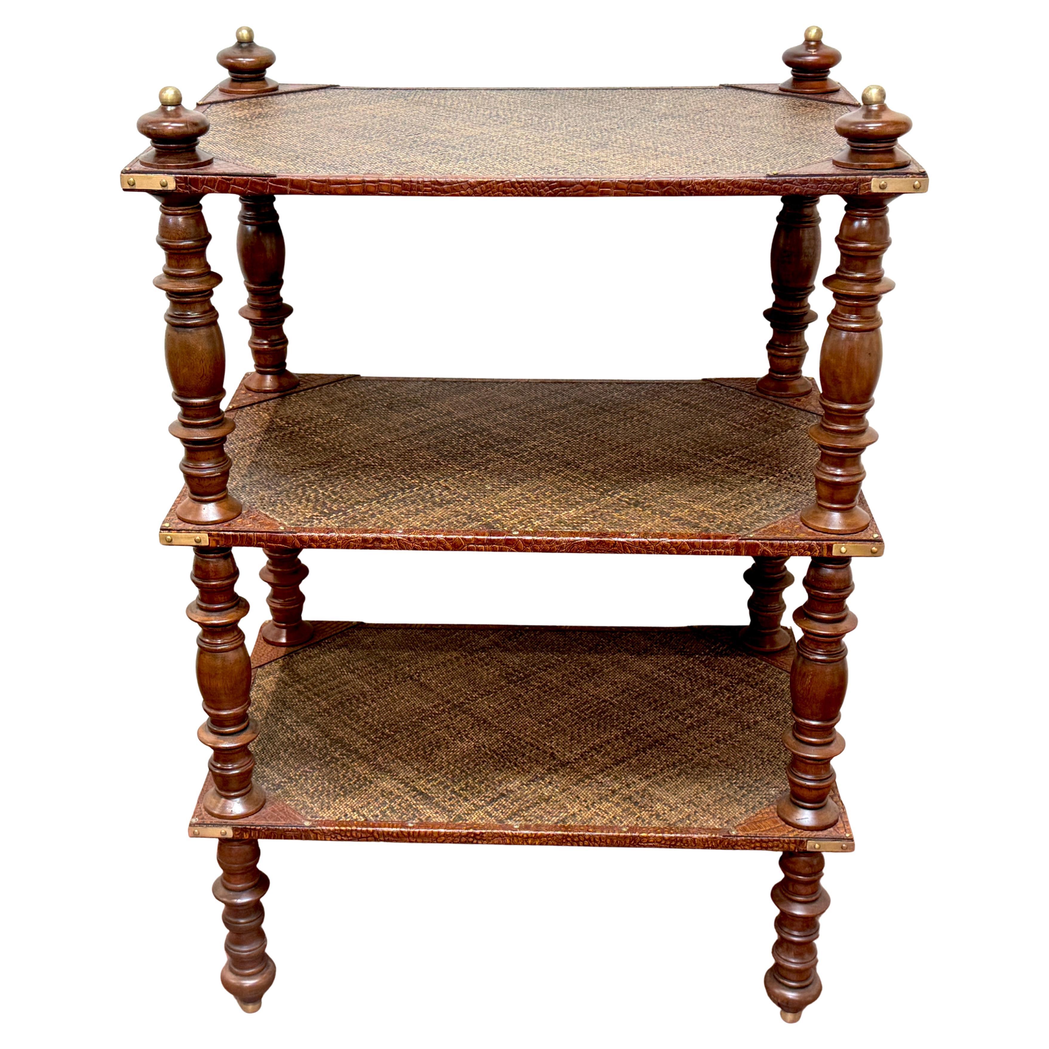 Three-Tier Anglo-Indian Leather, Brass & Rattan Étagère/ Shelf
