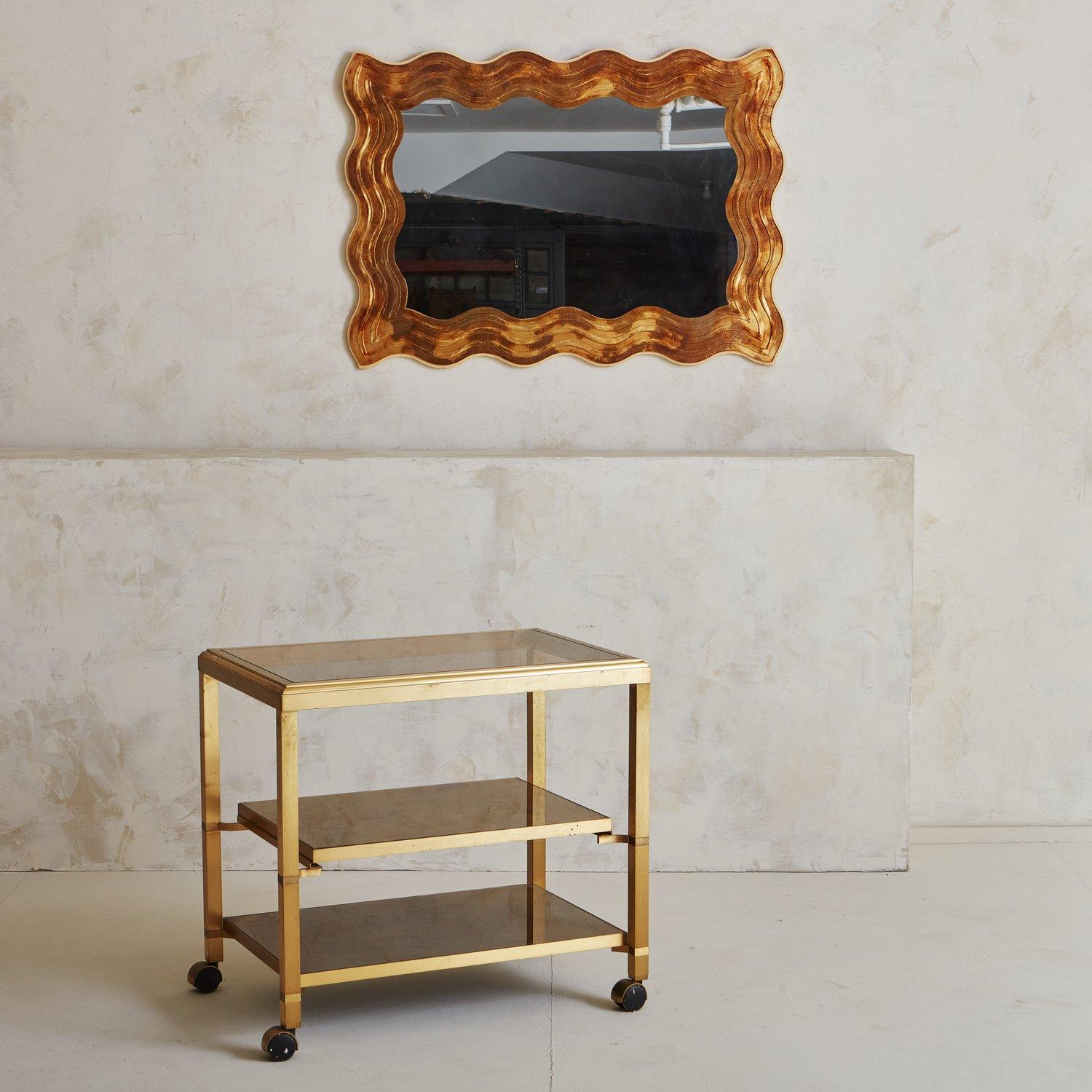 Mid-Century Modern Three-Tier Back Painted Glass Bar Cart by Guy Lefevre, France 1960s