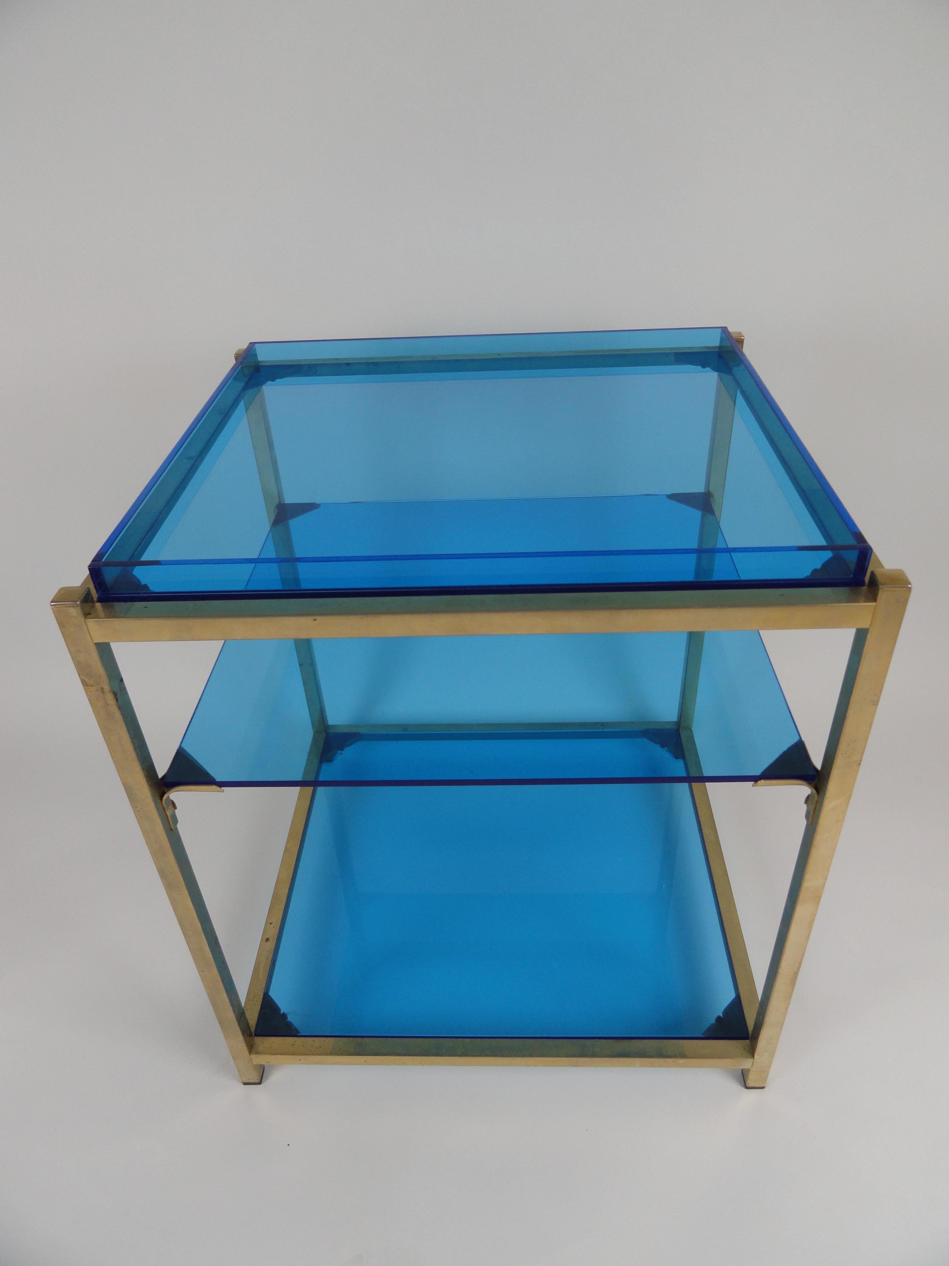 Three-Tier Blue Acrylic Brass Table For Sale 5