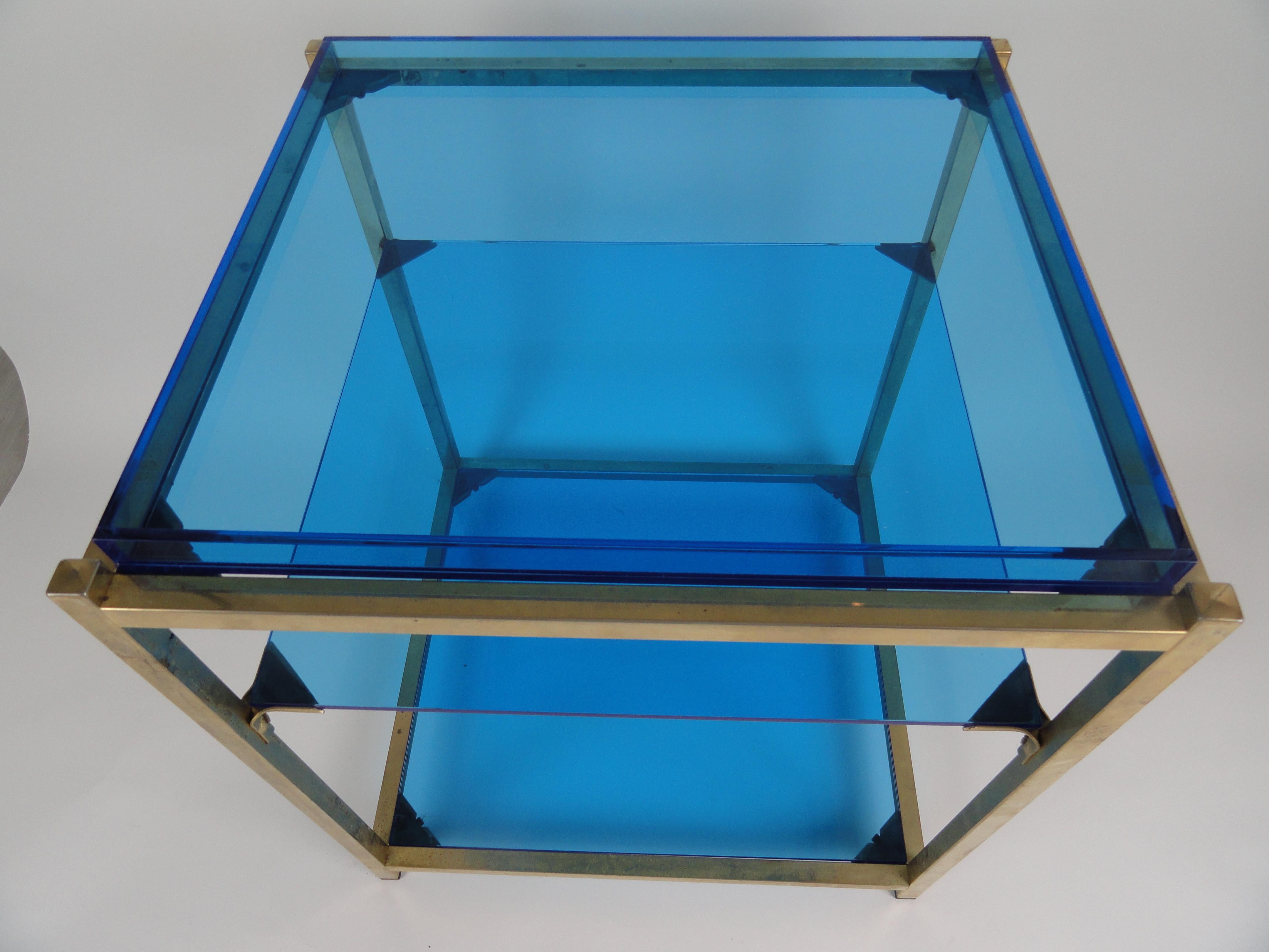 American Three-Tier Blue Acrylic Brass Table For Sale