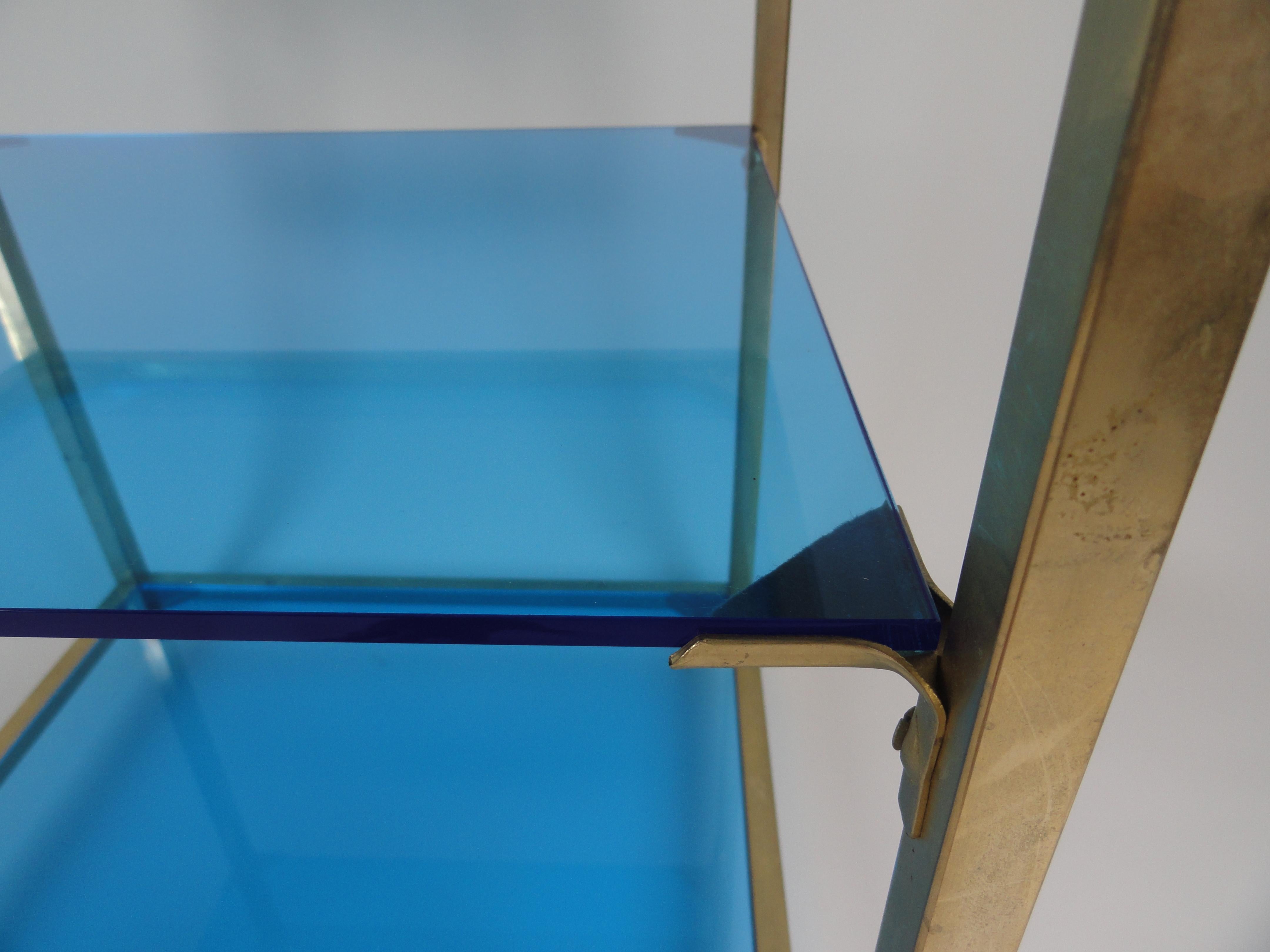 Late 20th Century Three-Tier Blue Acrylic Brass Table For Sale