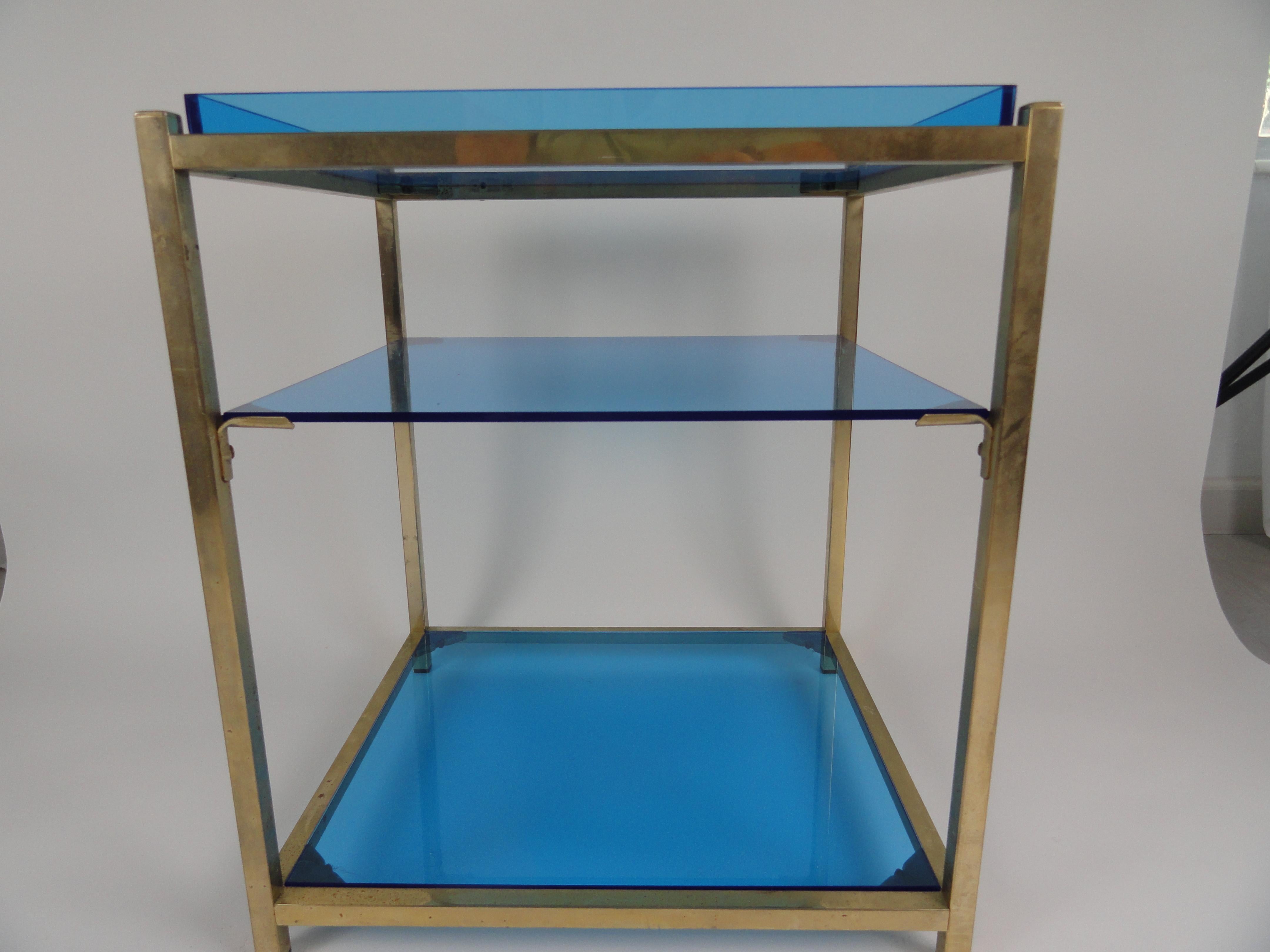 Three-Tier Blue Acrylic Brass Table For Sale 2