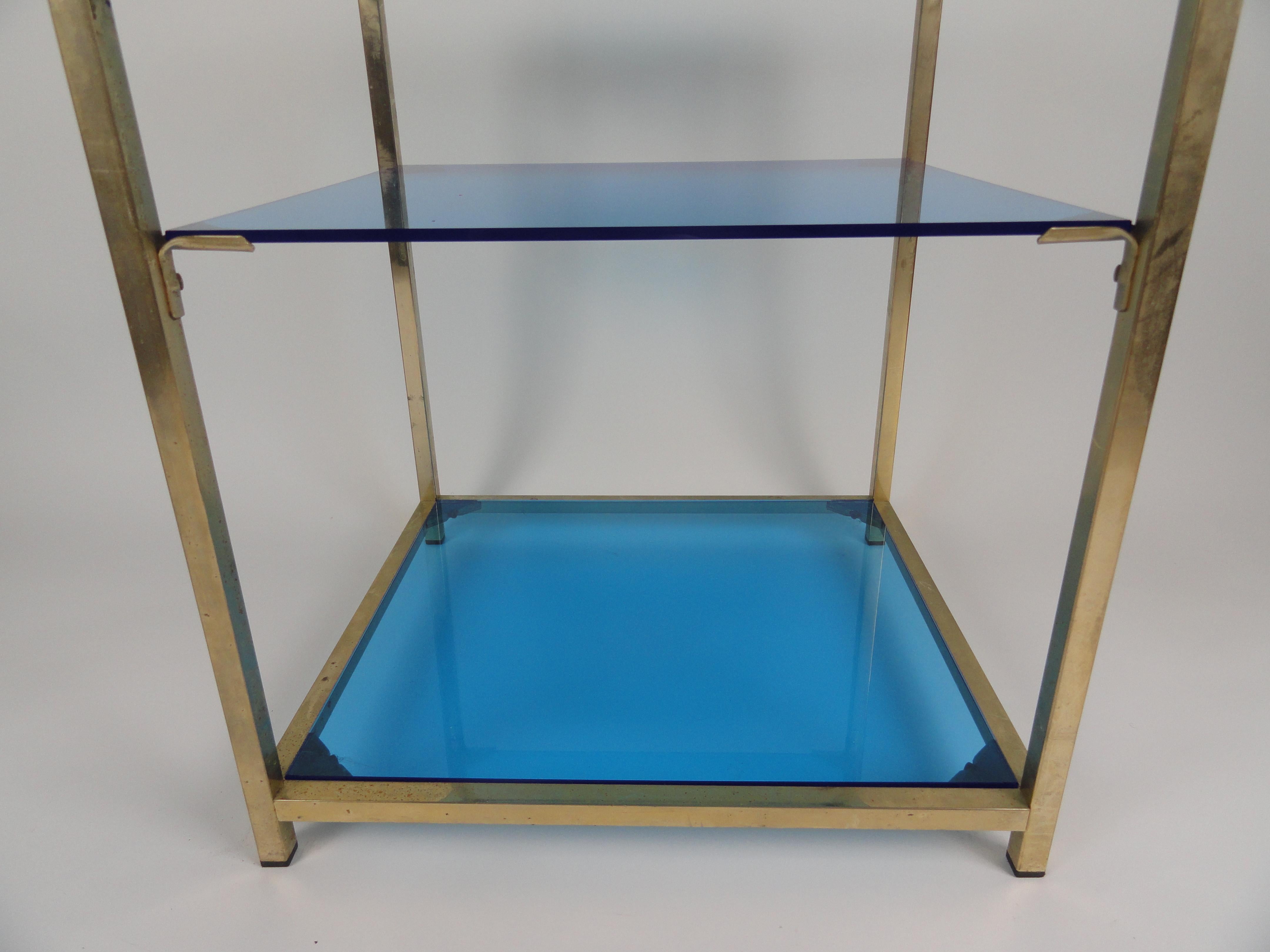 Three-Tier Blue Acrylic Brass Table For Sale 4