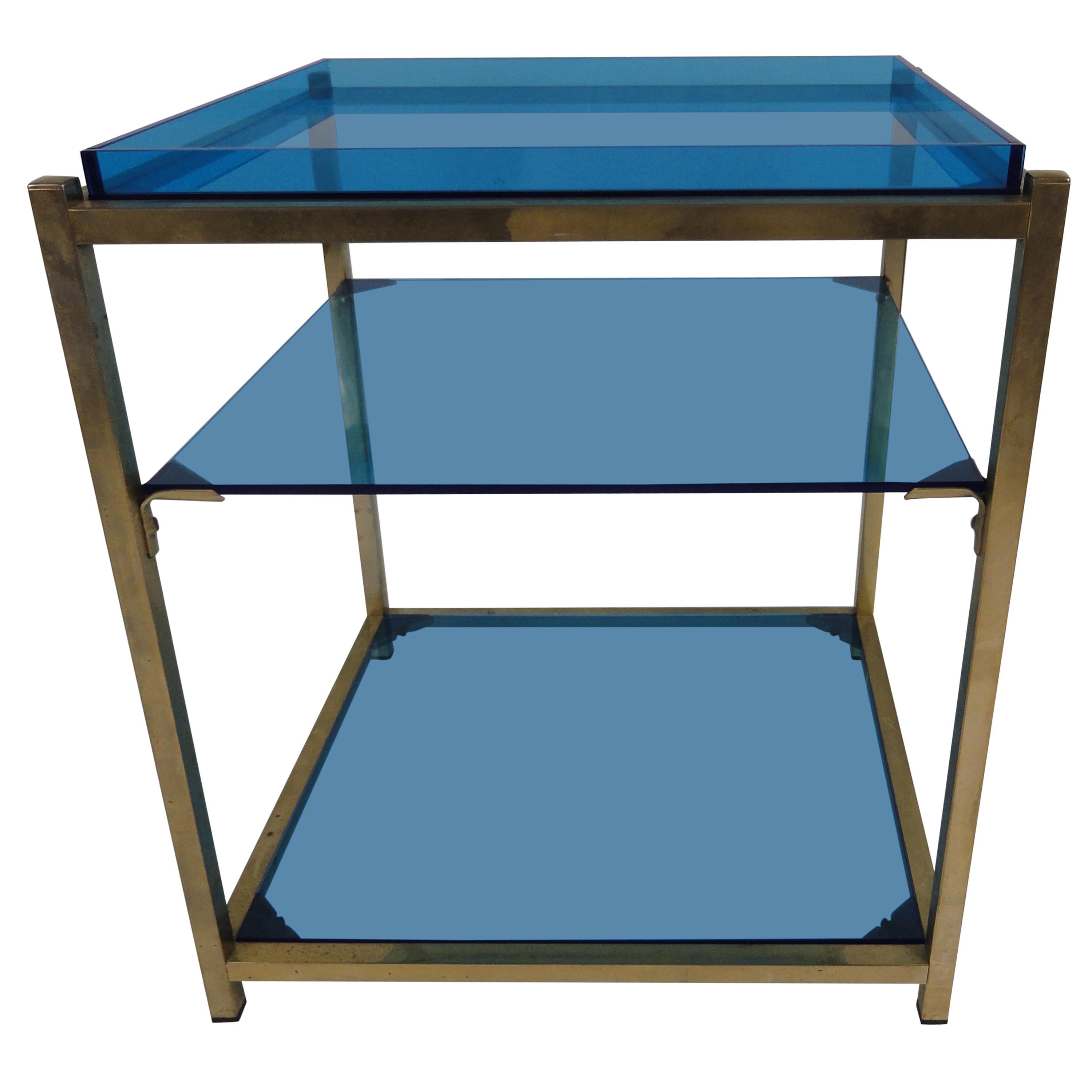 Three-Tier Blue Acrylic Brass Table For Sale