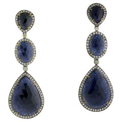 Three Tier Blue Sapphire Dangle Earrings With Diamonds In 18k Gold & Silver