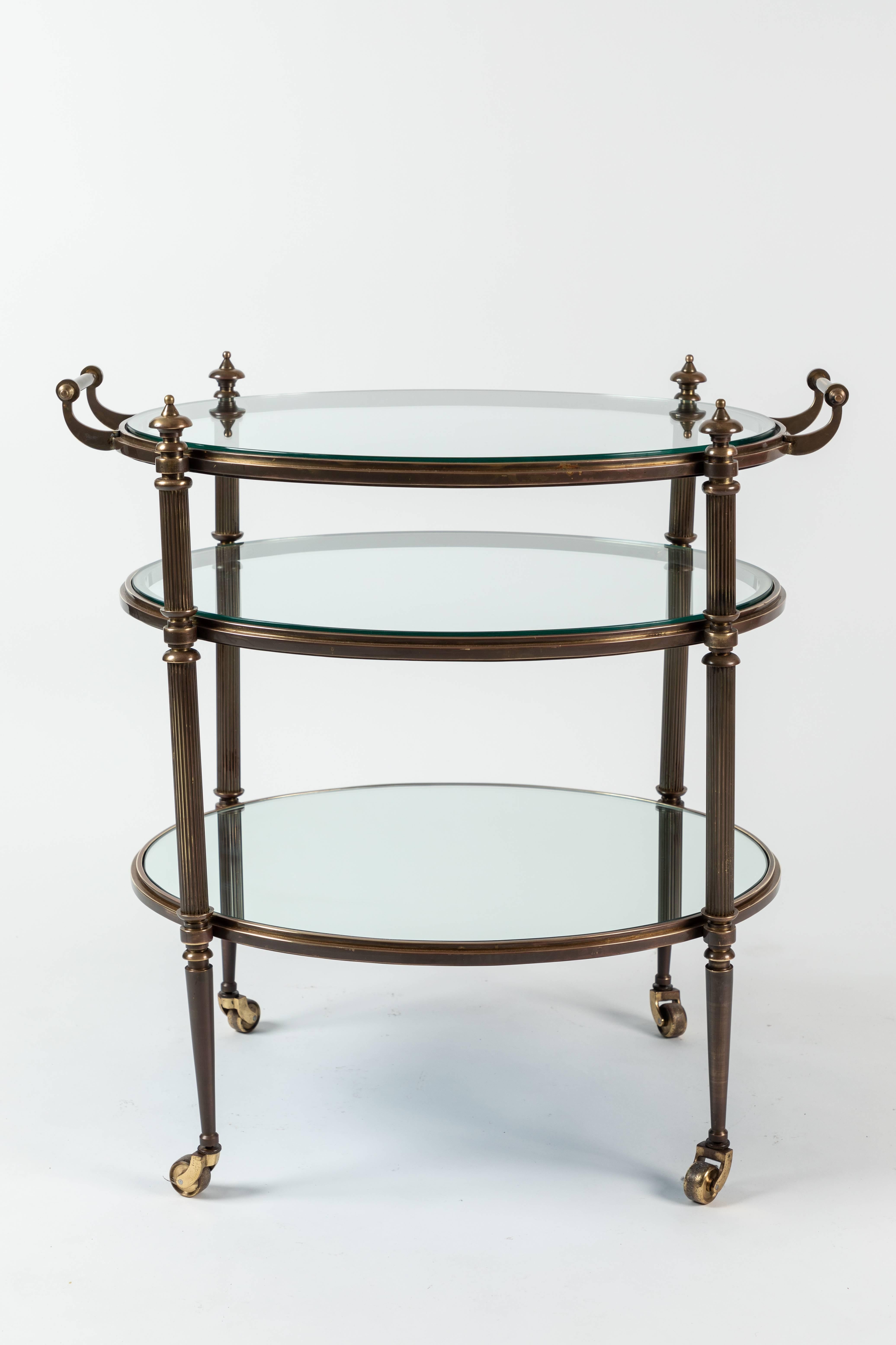 Mid-20th Century Three-Tier Brass and Glass Drinks Trolley