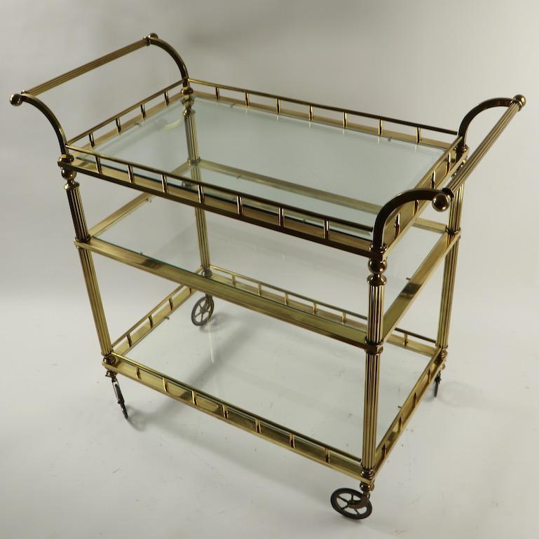 Three-Tier Brass and Glass Serving Bar Cart Attributed to Maison Jansen 4