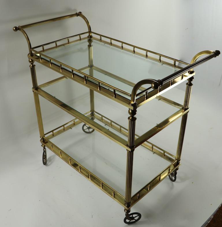 Three-Tier Brass and Glass Serving Bar Cart Attributed to Maison Jansen 9