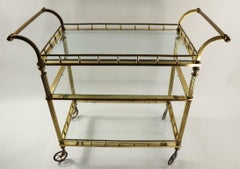 Three-Tier Brass and Glass Serving Bar Cart Attributed to Maison Jansen