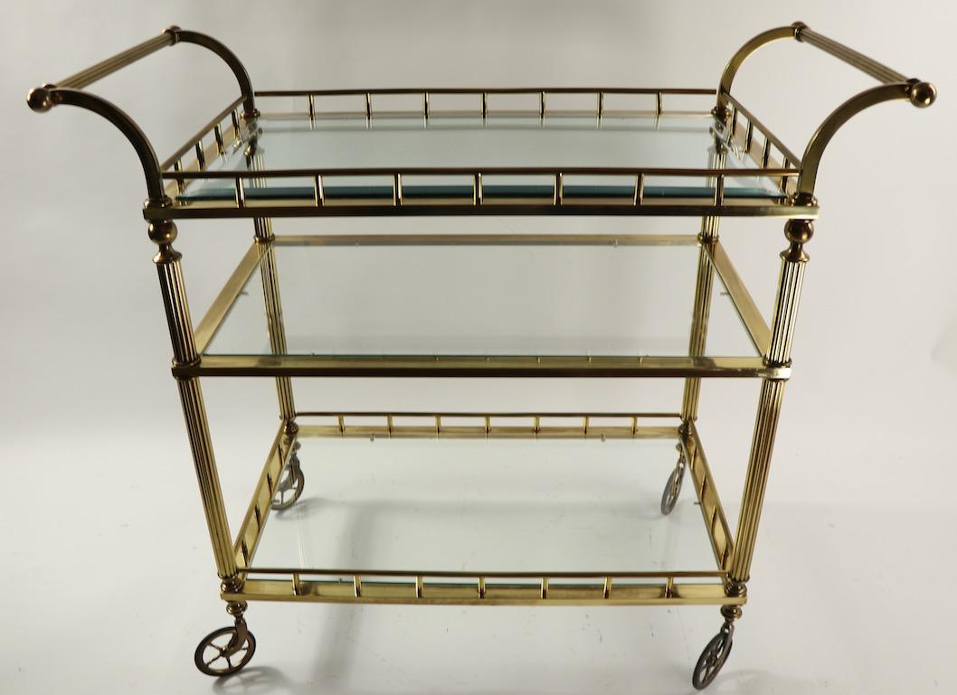 Hollywood Regency Three-Tier Brass and Glass Serving Bar Cart Attributed to Maison Jansen