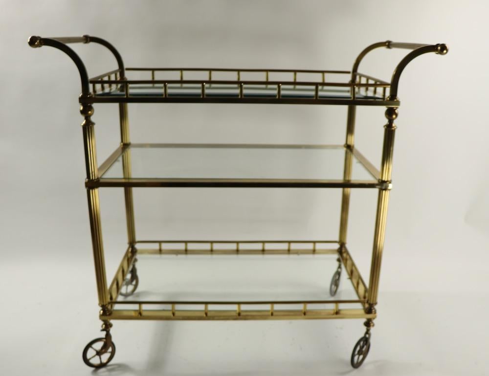 Three-Tier Brass and Glass Serving Bar Cart Attributed to Maison Jansen 1
