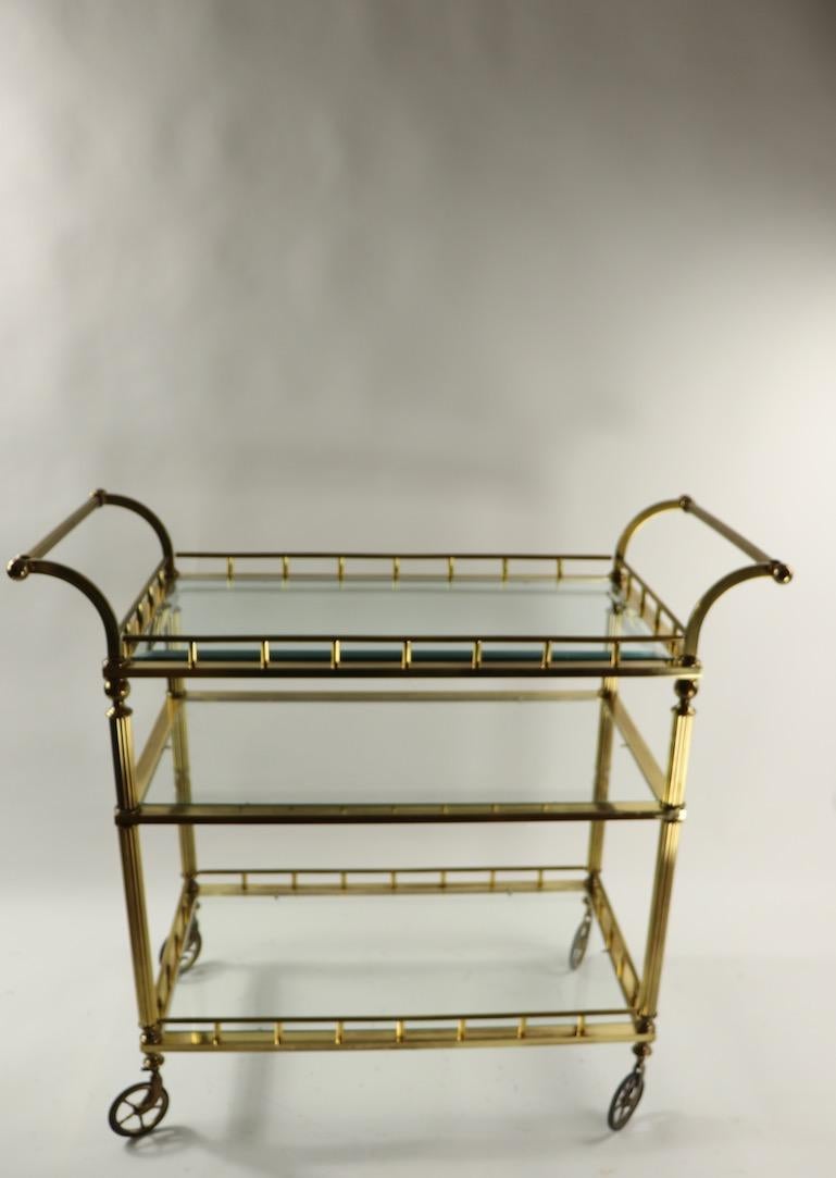 Three-Tier Brass and Glass Serving Bar Cart Attributed to Maison Jansen 2