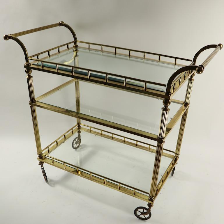Three-Tier Brass and Glass Serving Bar Cart Attributed to Maison Jansen 3