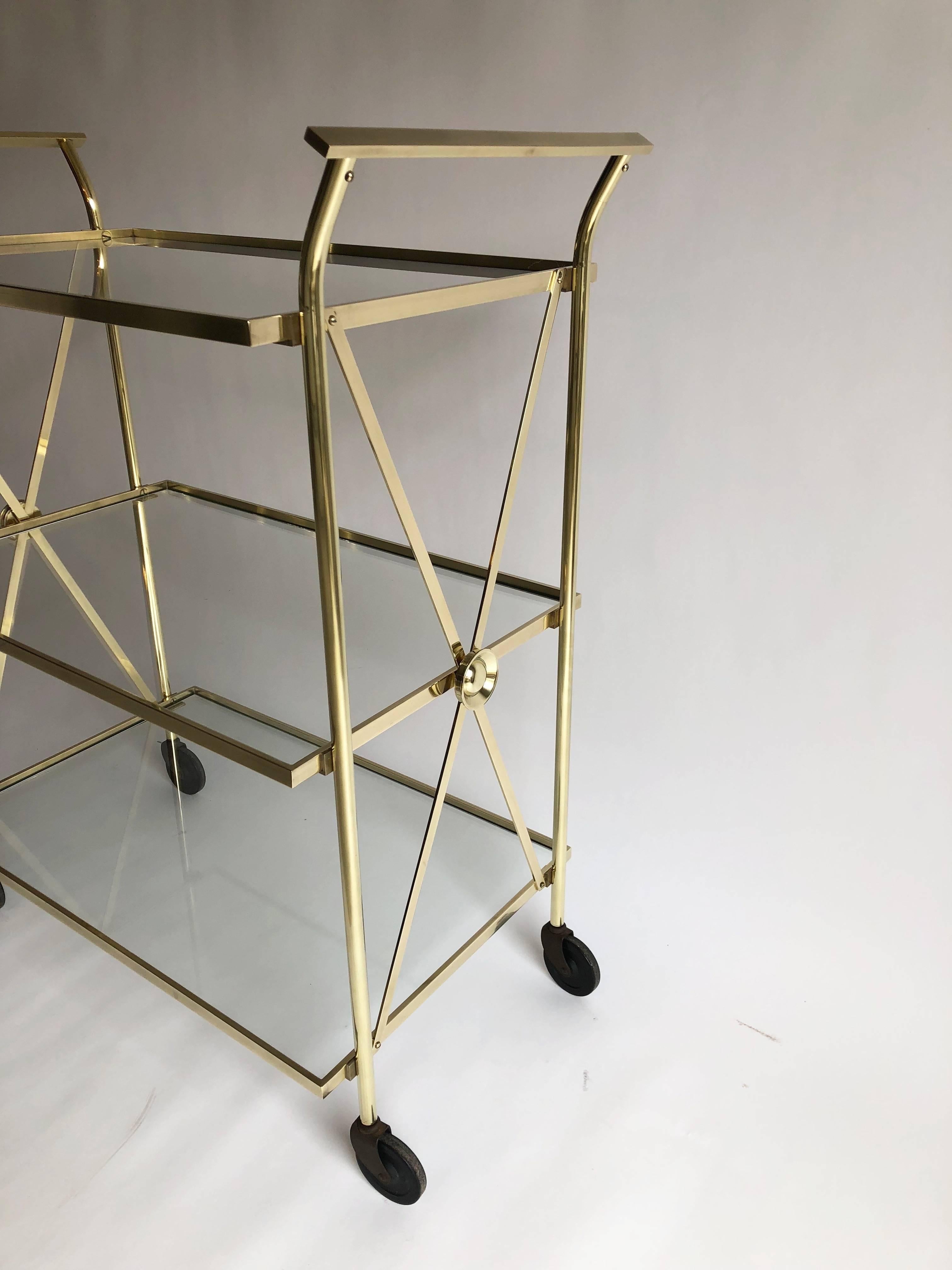 Three-Tier Brass Bar Cart In Excellent Condition In East Hampton, NY