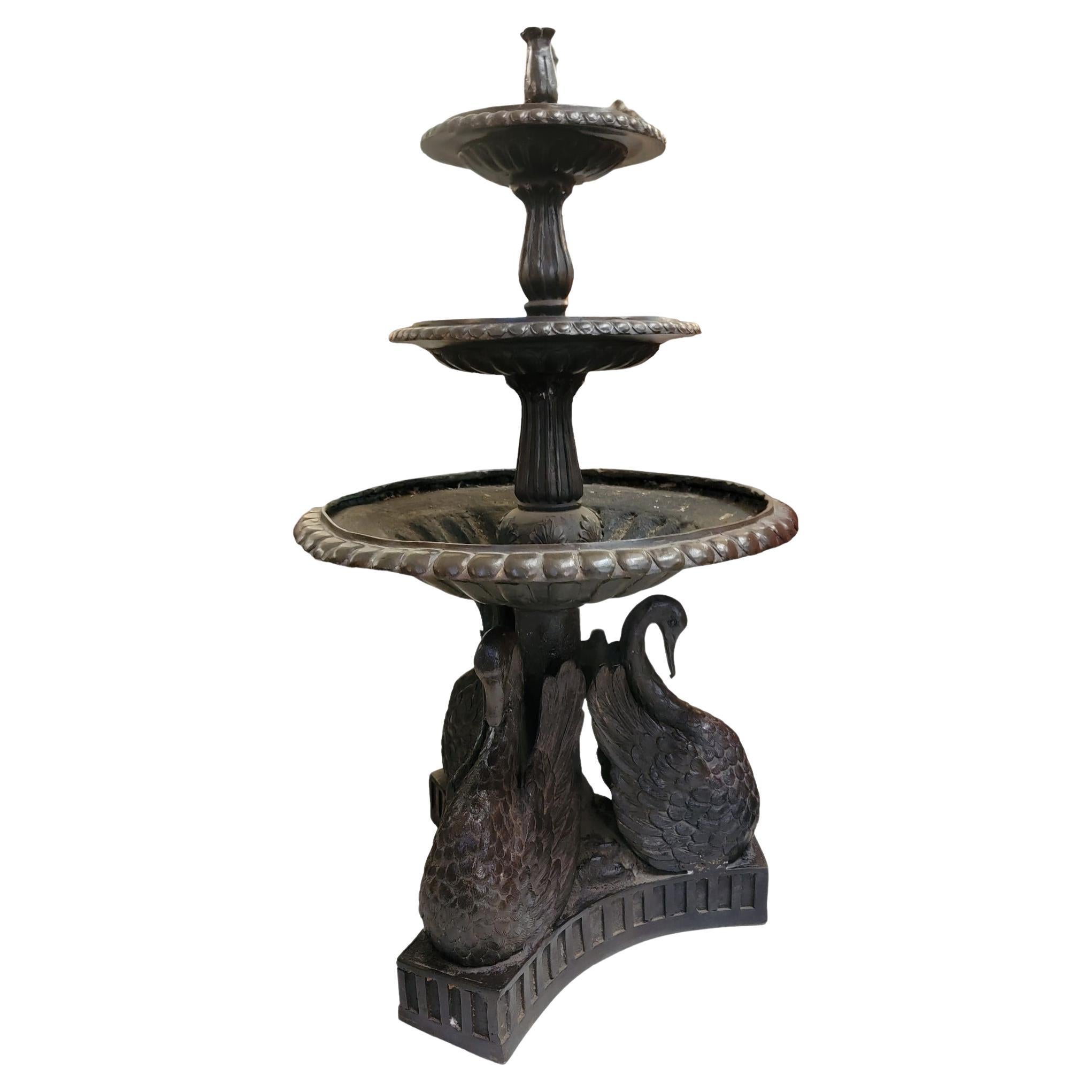 Three Tier Bronze Fountain With Swan Base For Sale
