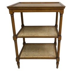 Three-Tier Cane and Wood Side Table with Three Shelves