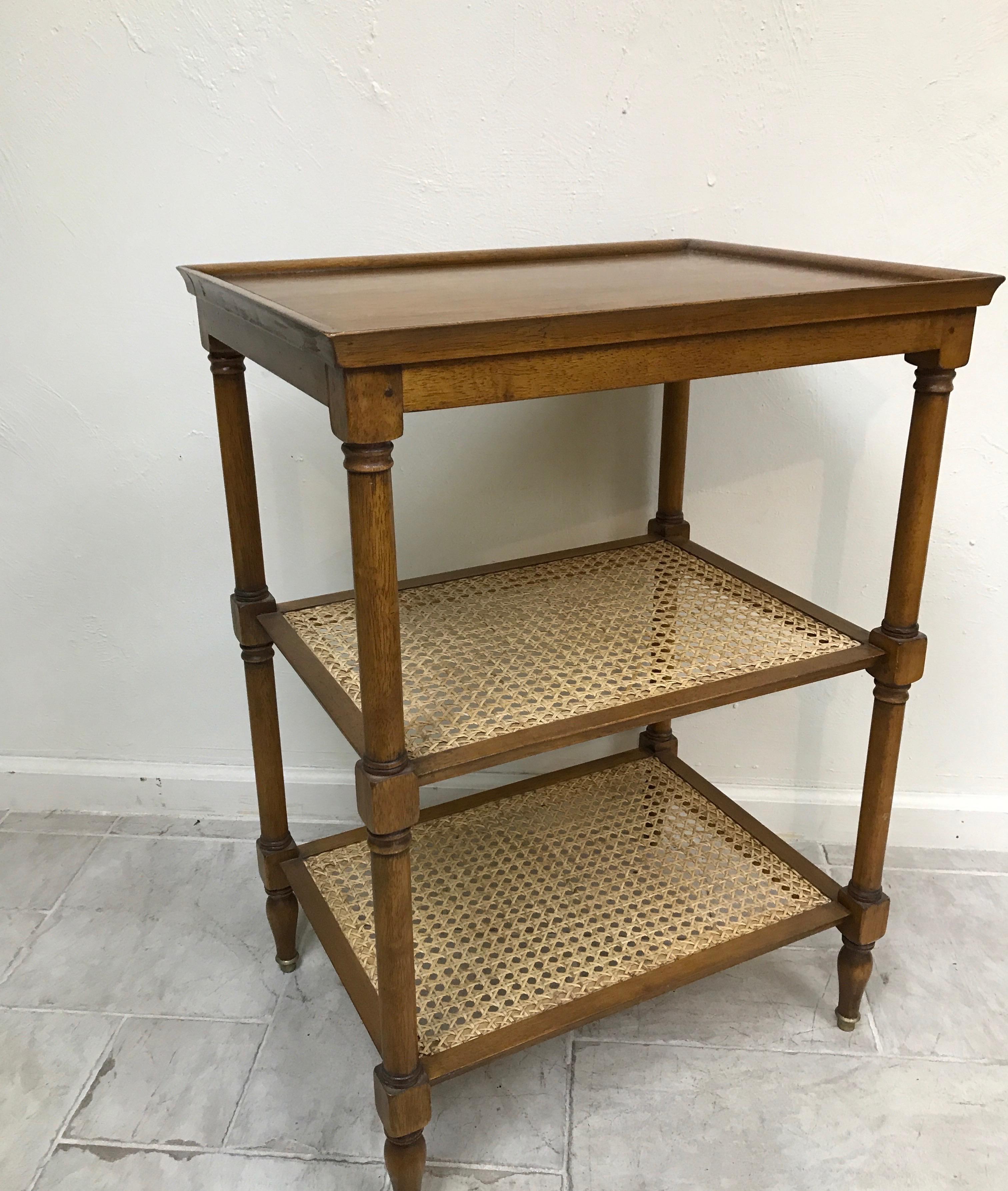 ThreeTier Cane and Wood Side Table with Three Shelves at 1stDibs
