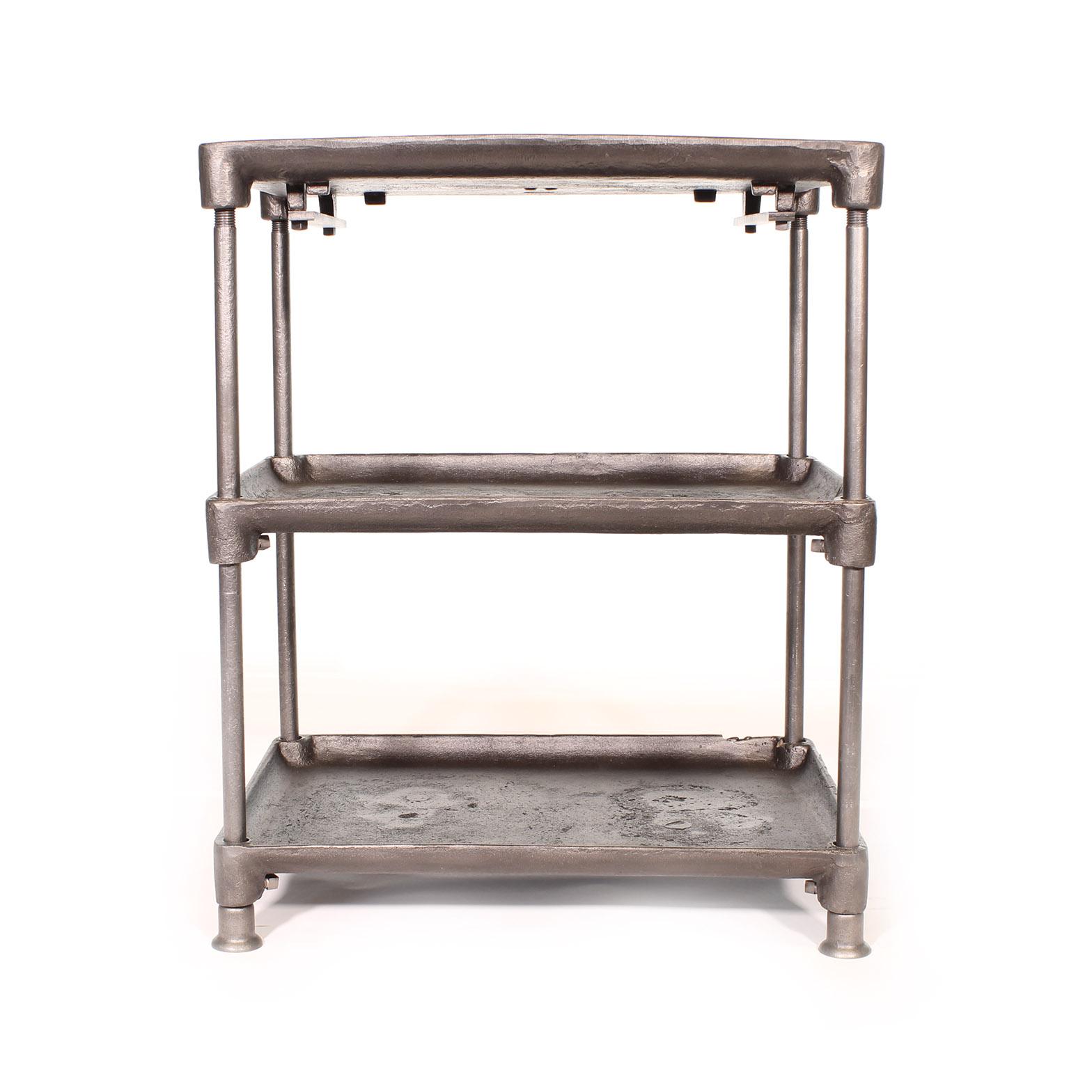 Three-tier cast iron vintage industrial side table, cart with adjustable shelves and cast iron feet. Bottom two shelves adjust via a square set screw. Dimensions are 25 1/4