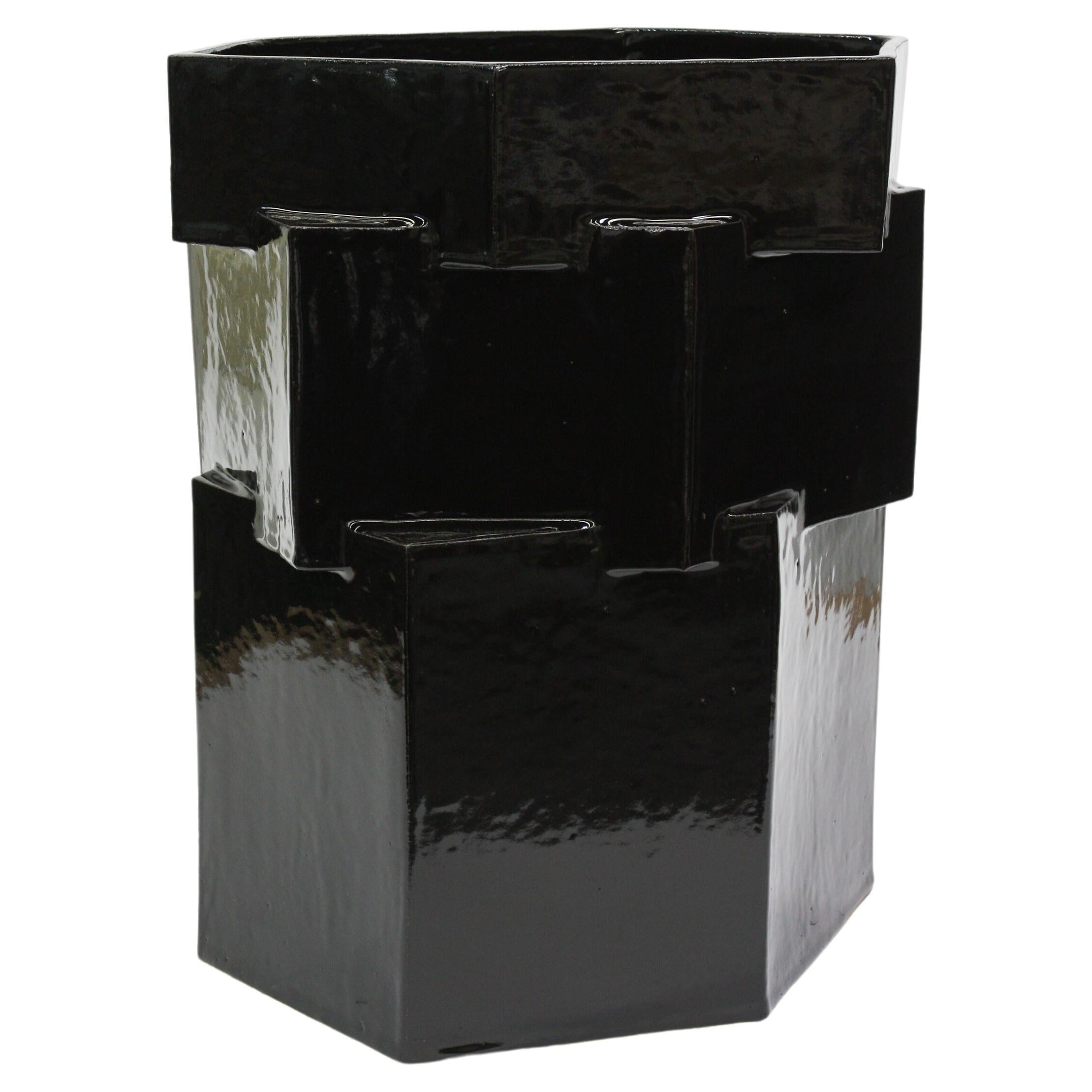 Three-Tier Ceramic Hex Planter in Gloss Black by Bzippy For Sale