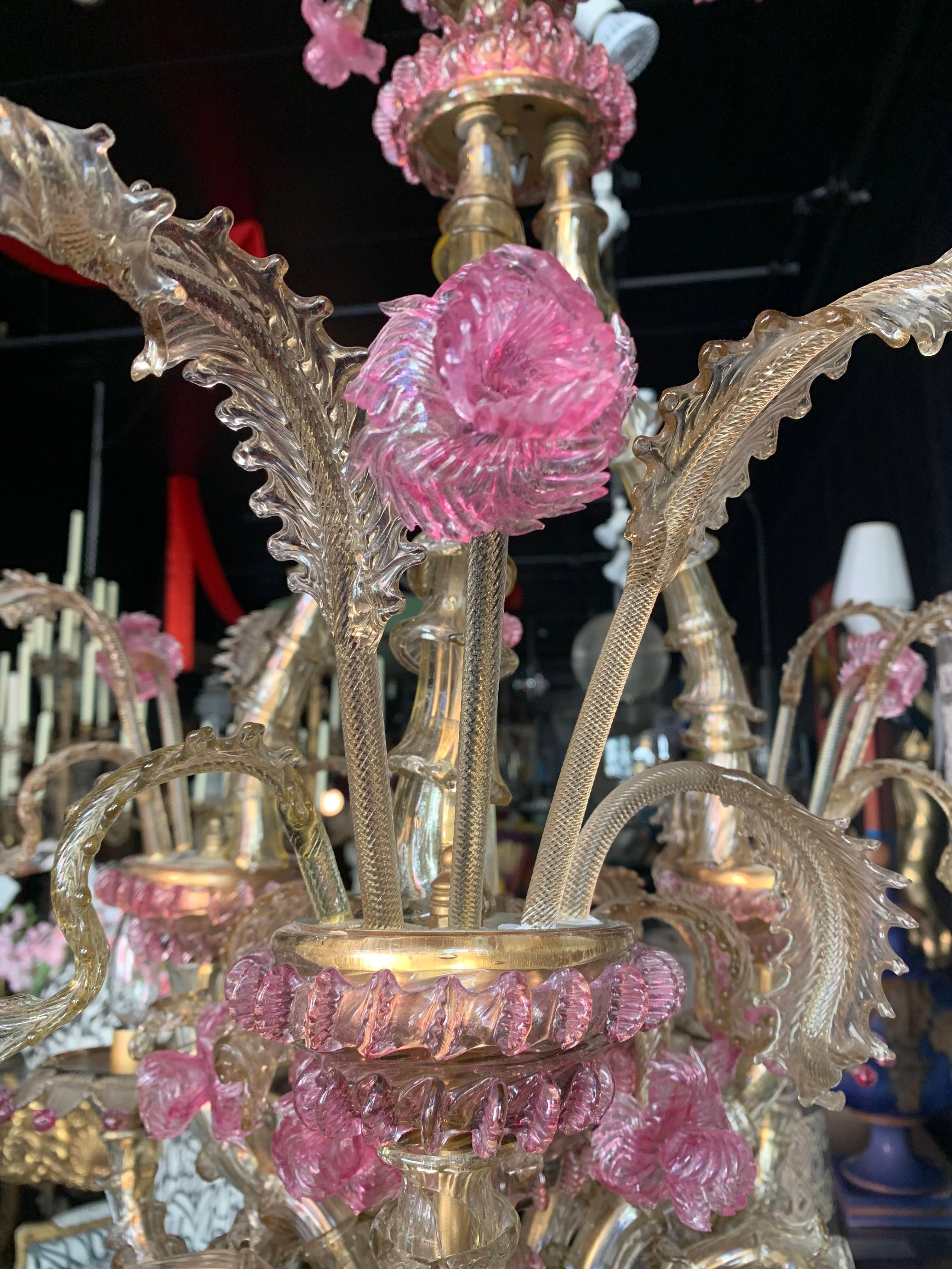 Blown Glass Three Tier Clear Icey Leaves Murano Chandelier For Sale