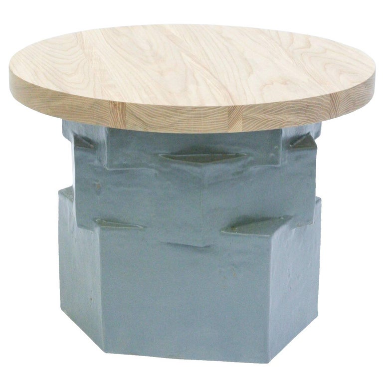 ThreeTier Contemporary Ceramic Gray Hexagon Side Table with Ash Top