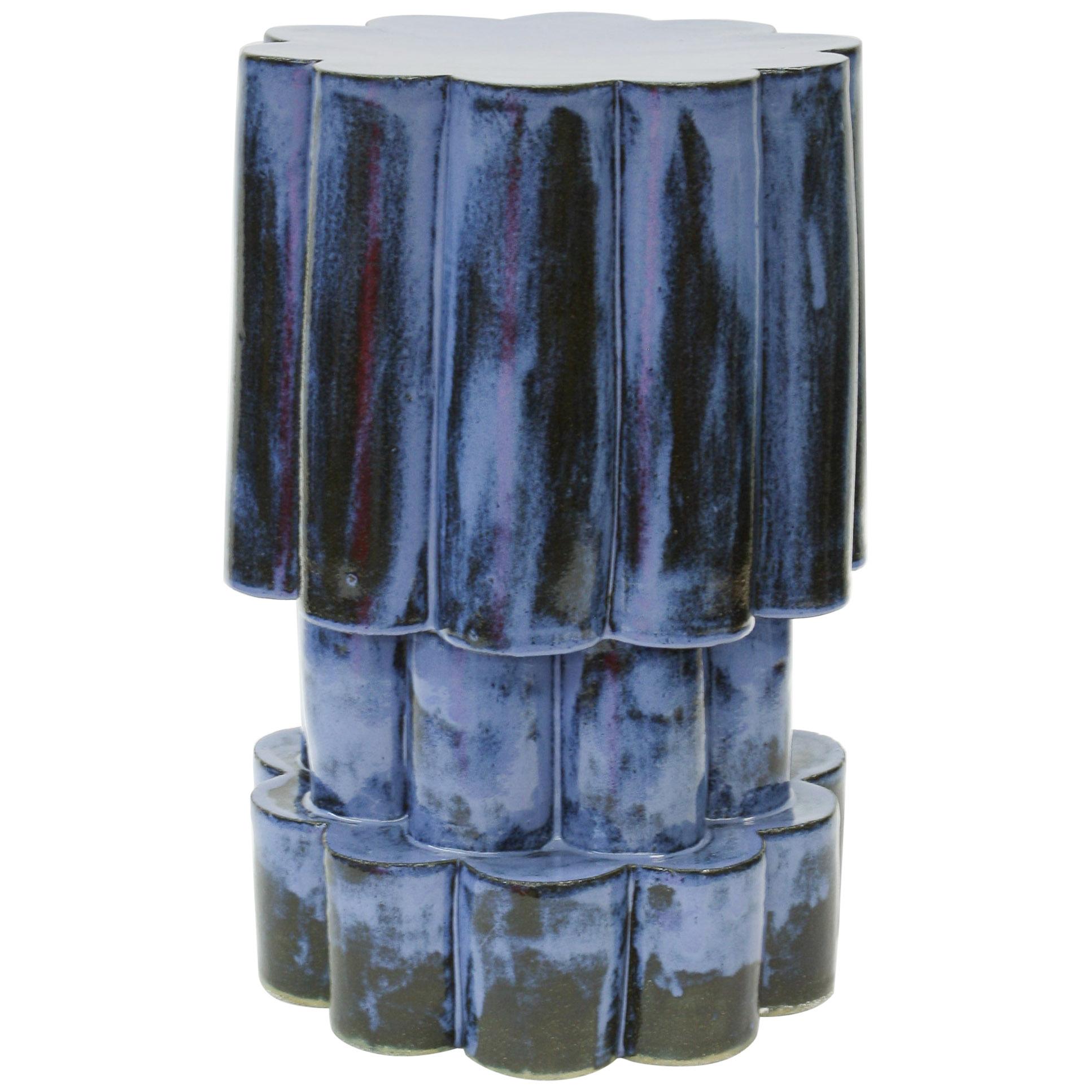 Three-Tier Ceramic Cloud Side Table & Stool in Mottled Blue by BZIPPY