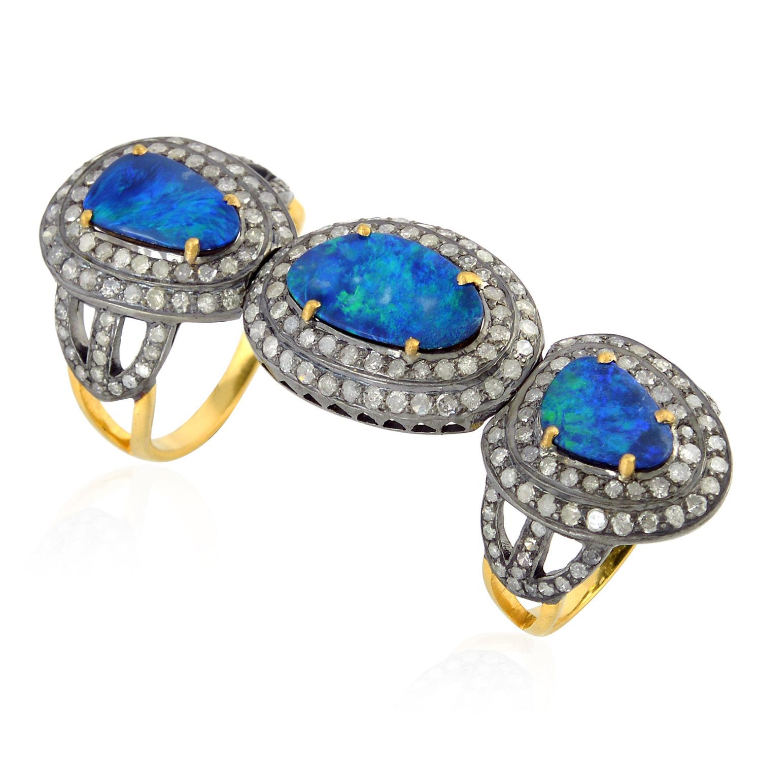 Artisan Three Tier Doublet Opal Knuckle Ring with Pave Diamonds In18k Gold & Silver For Sale
