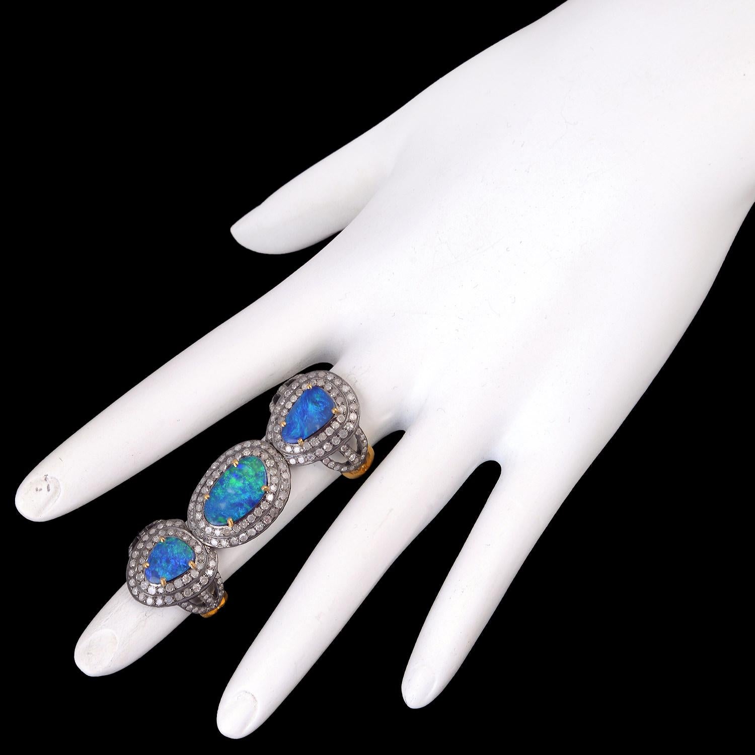 Mixed Cut Three Tier Doublet Opal Knuckle Ring with Pave Diamonds In18k Gold & Silver For Sale