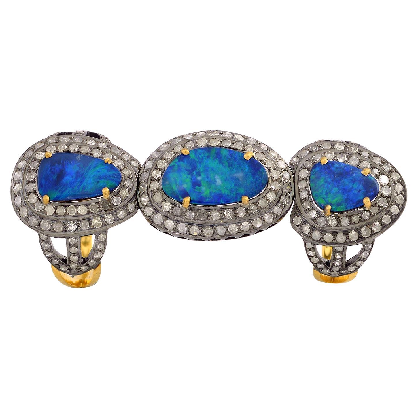 Three Tier Doublet Opal Knuckle Ring with Pave Diamonds In18k Gold & Silver For Sale