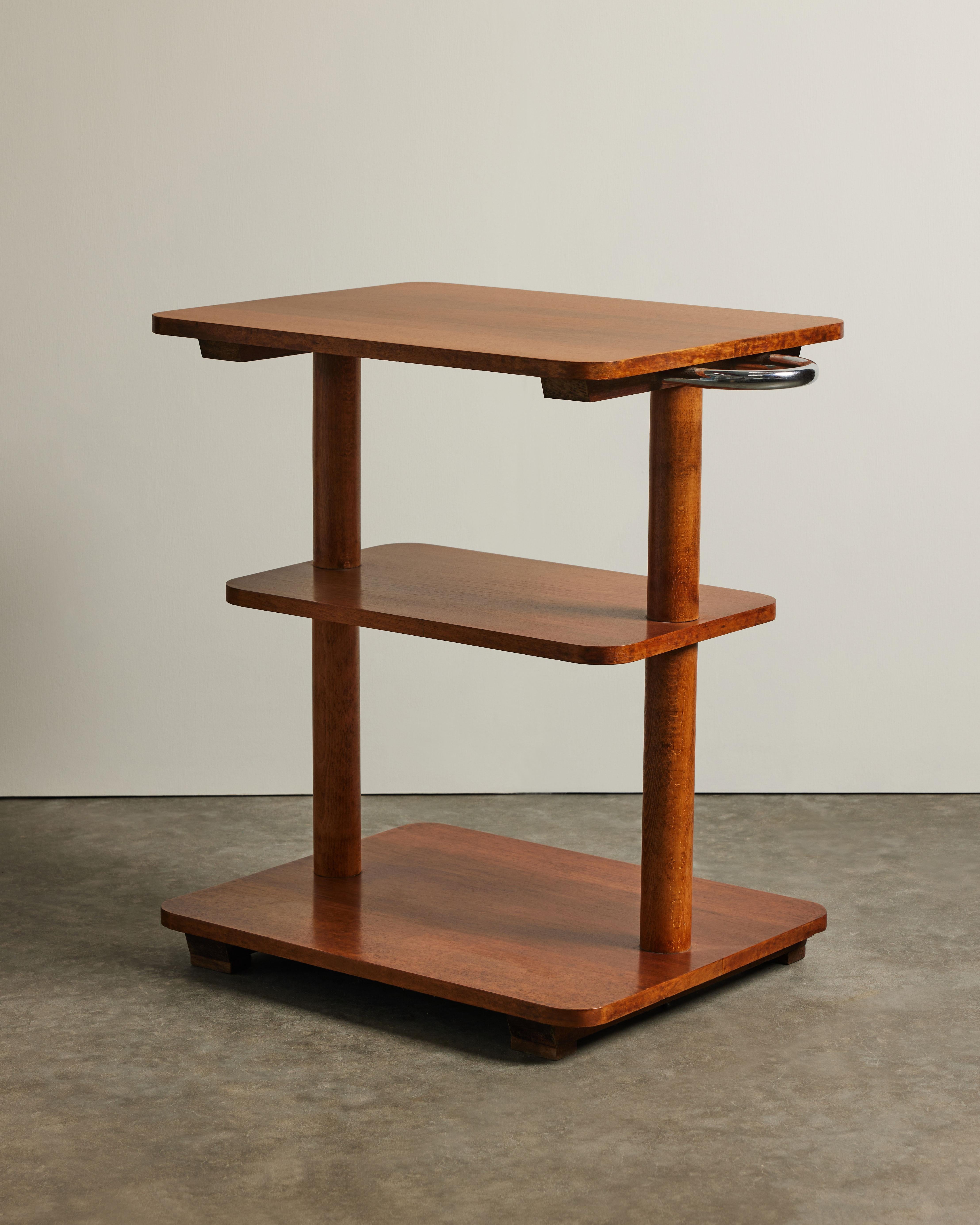 Late 20th Century Three Tier Elm Shelf with Chrome Handles, France, c. 1970 For Sale