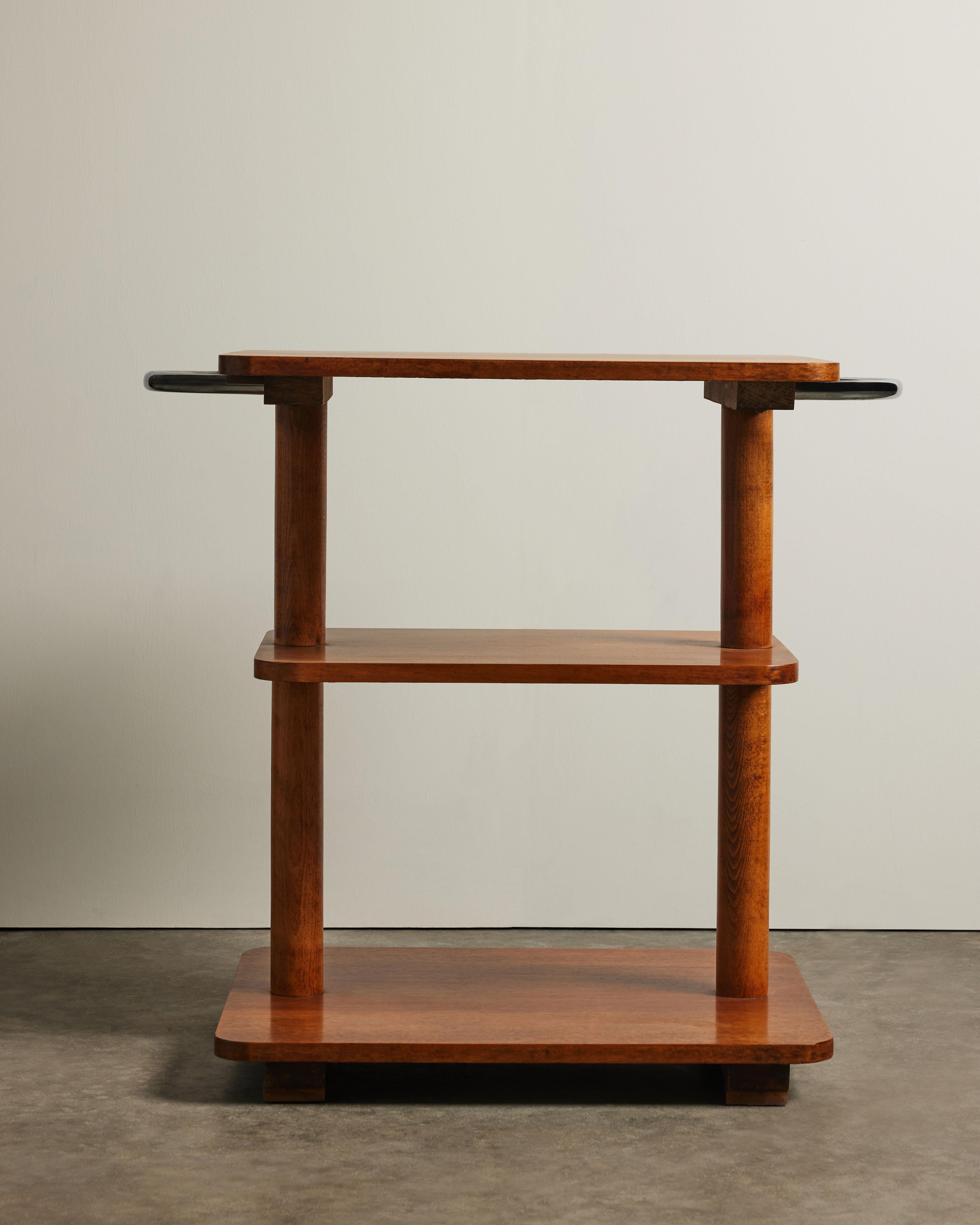Three Tier Elm Shelf with Chrome Handles, France, c. 1970 For Sale 1