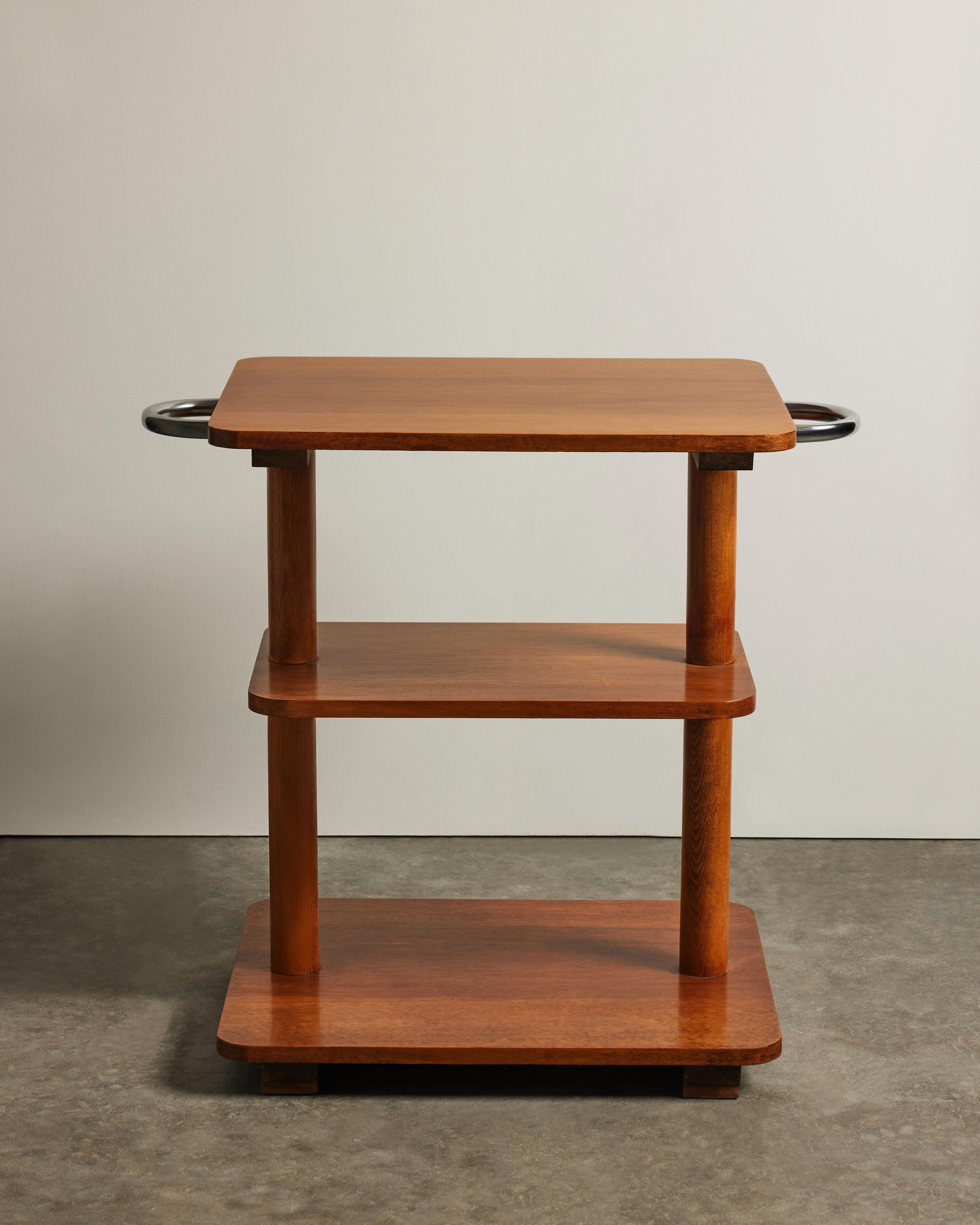 Three Tier Elm Shelf with Chrome Handles, France, c. 1970 For Sale 2
