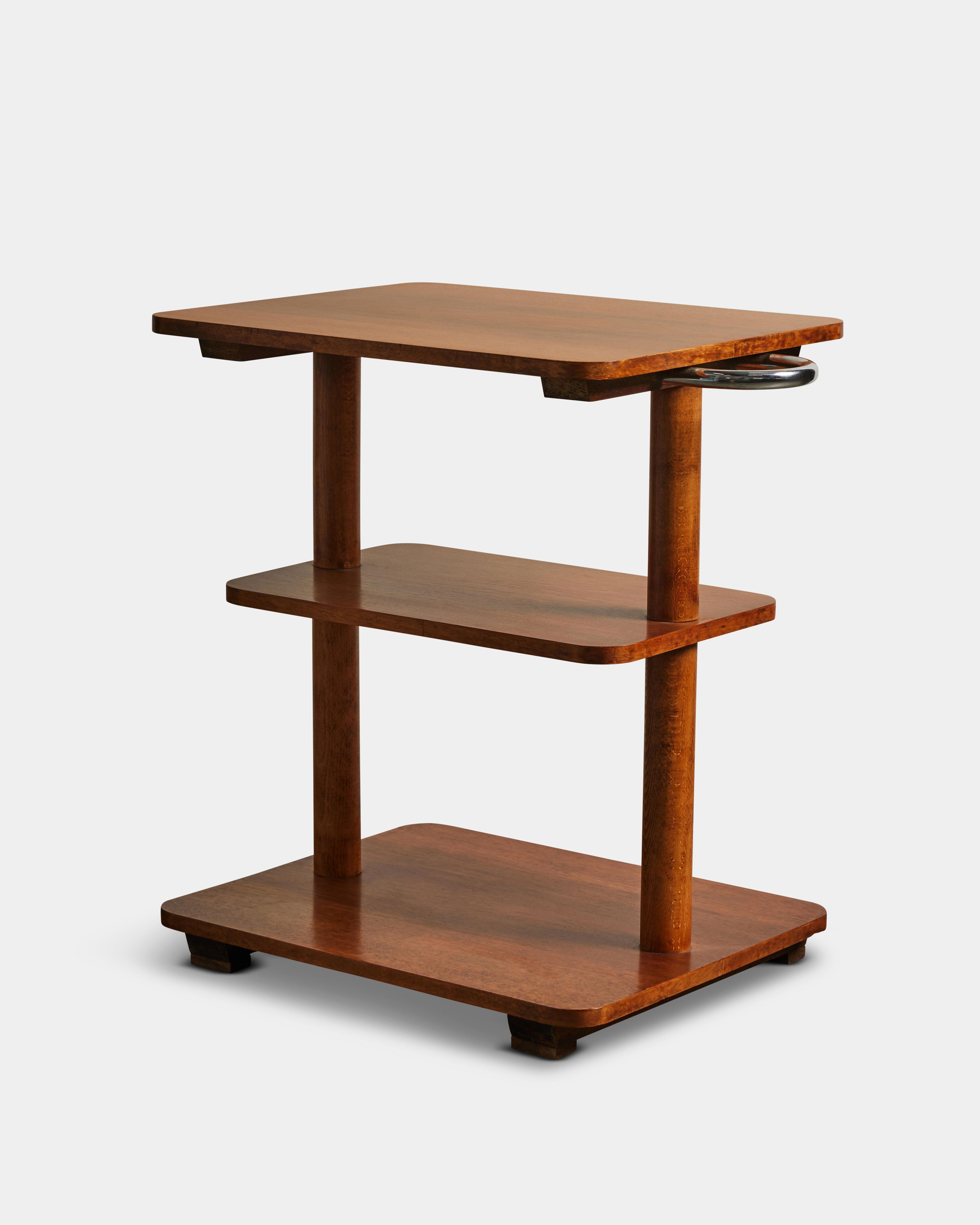 Three Tier Elm Shelf with Chrome Handles, France, c. 1970 For Sale 3
