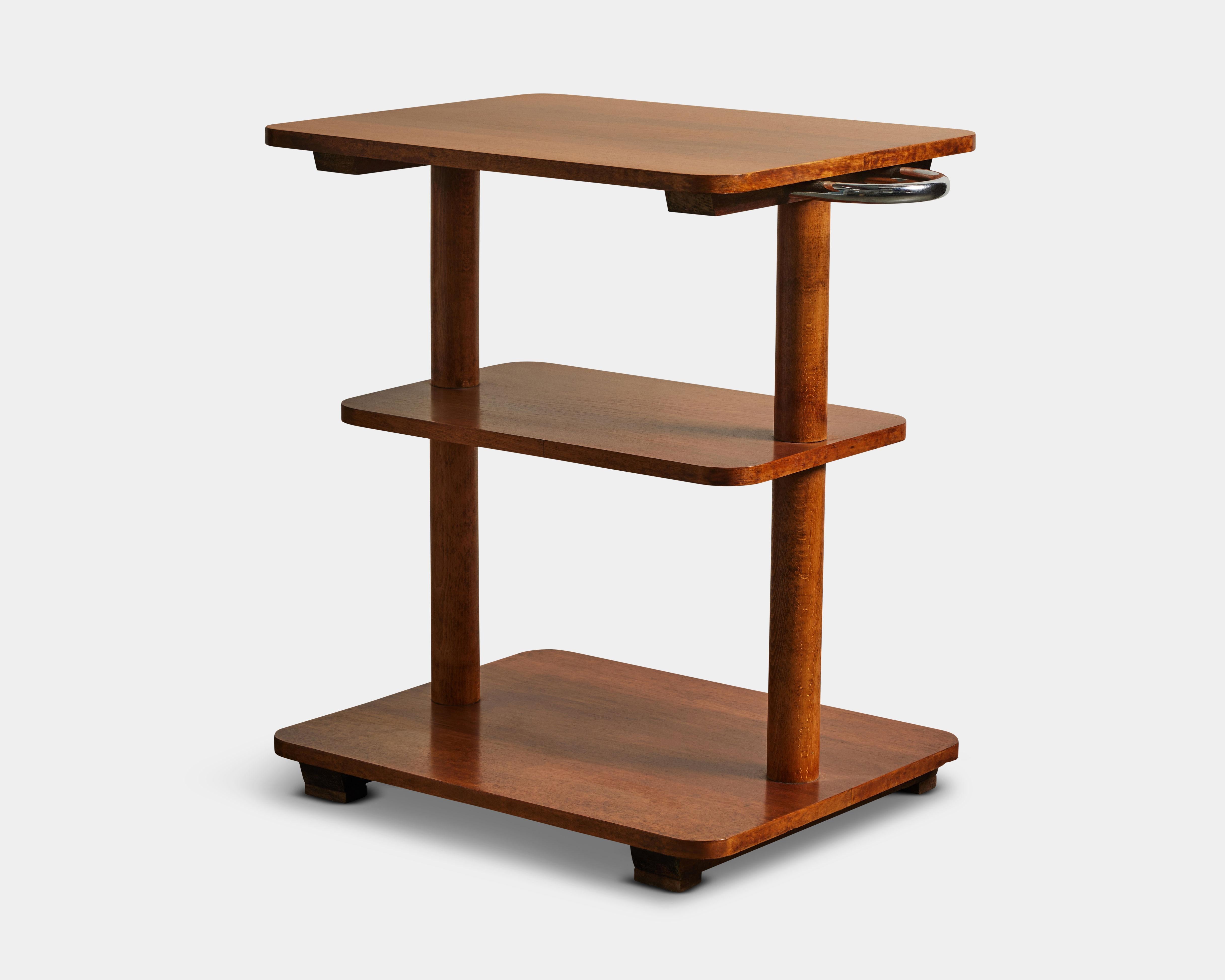 Three Tier Elm Shelf with Chrome Handles, France, c. 1970 For Sale 4