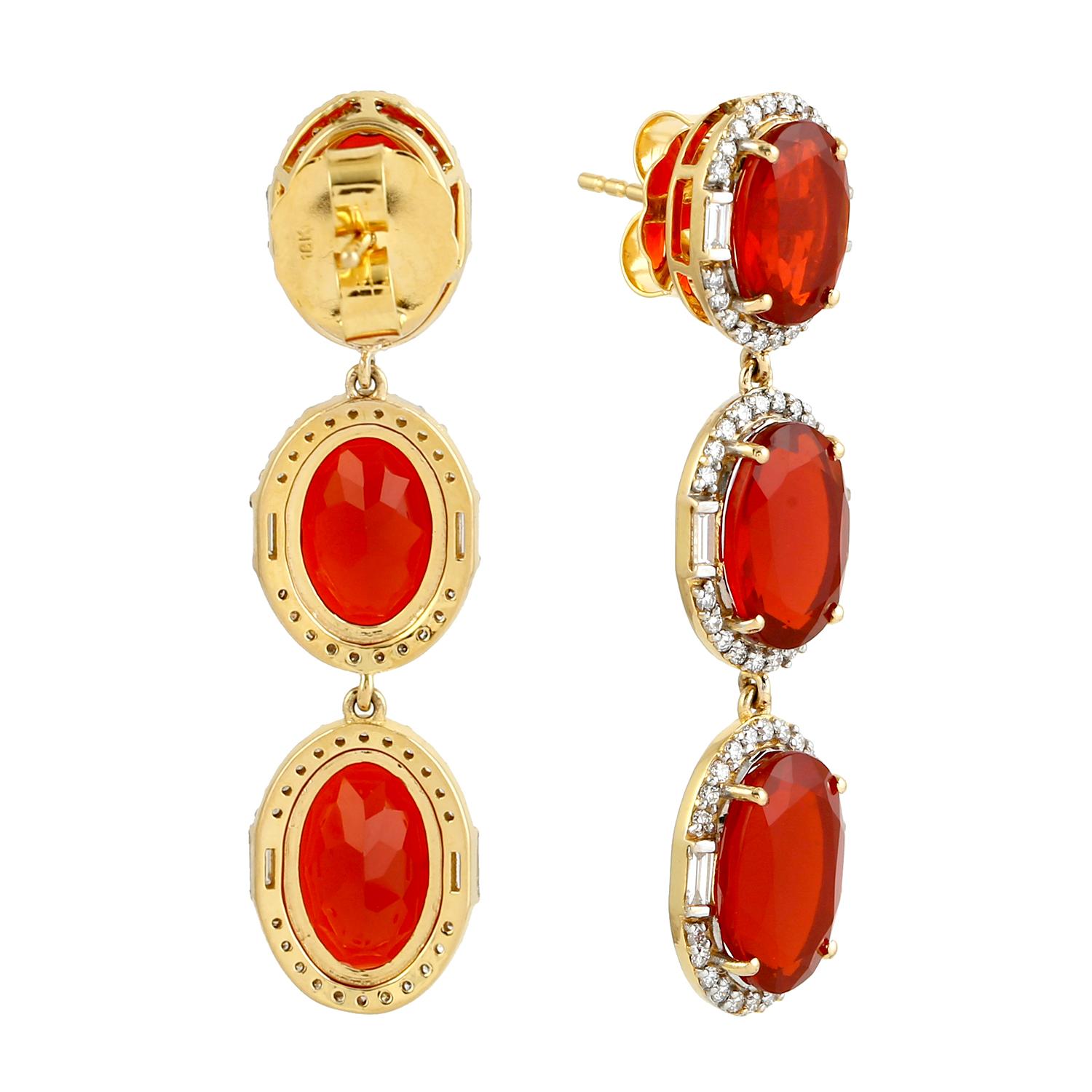 Art Deco Three Tier Fire Opal Earrings With Diamonds Made In 18k Yellow Gold For Sale