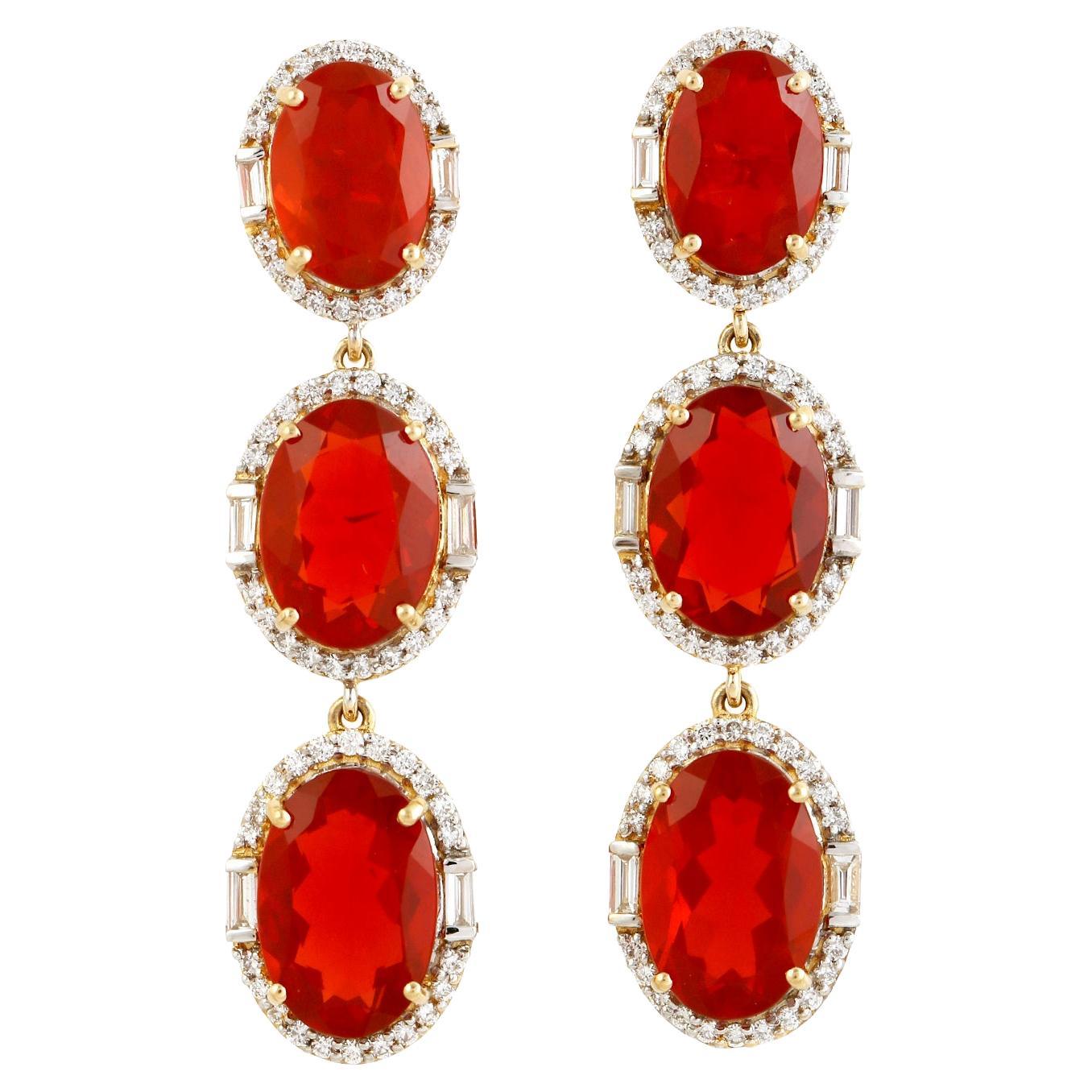 Three Tier Fire Opal Earrings With Diamonds Made In 18k Yellow Gold