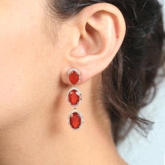 Three Tier Fire Opal Earrings With Pave Diamonds In 18k yellow Gold