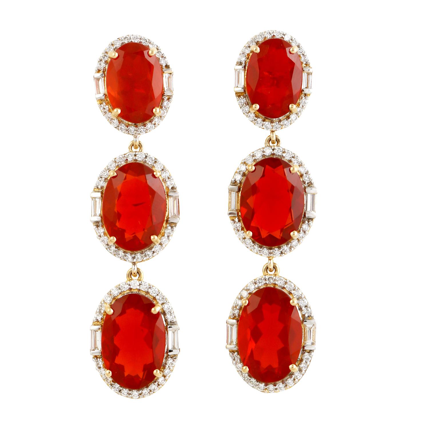 Mixed Cut Three Tier Fire Opal Earrings With Pave Diamonds In 18k yellow Gold For Sale