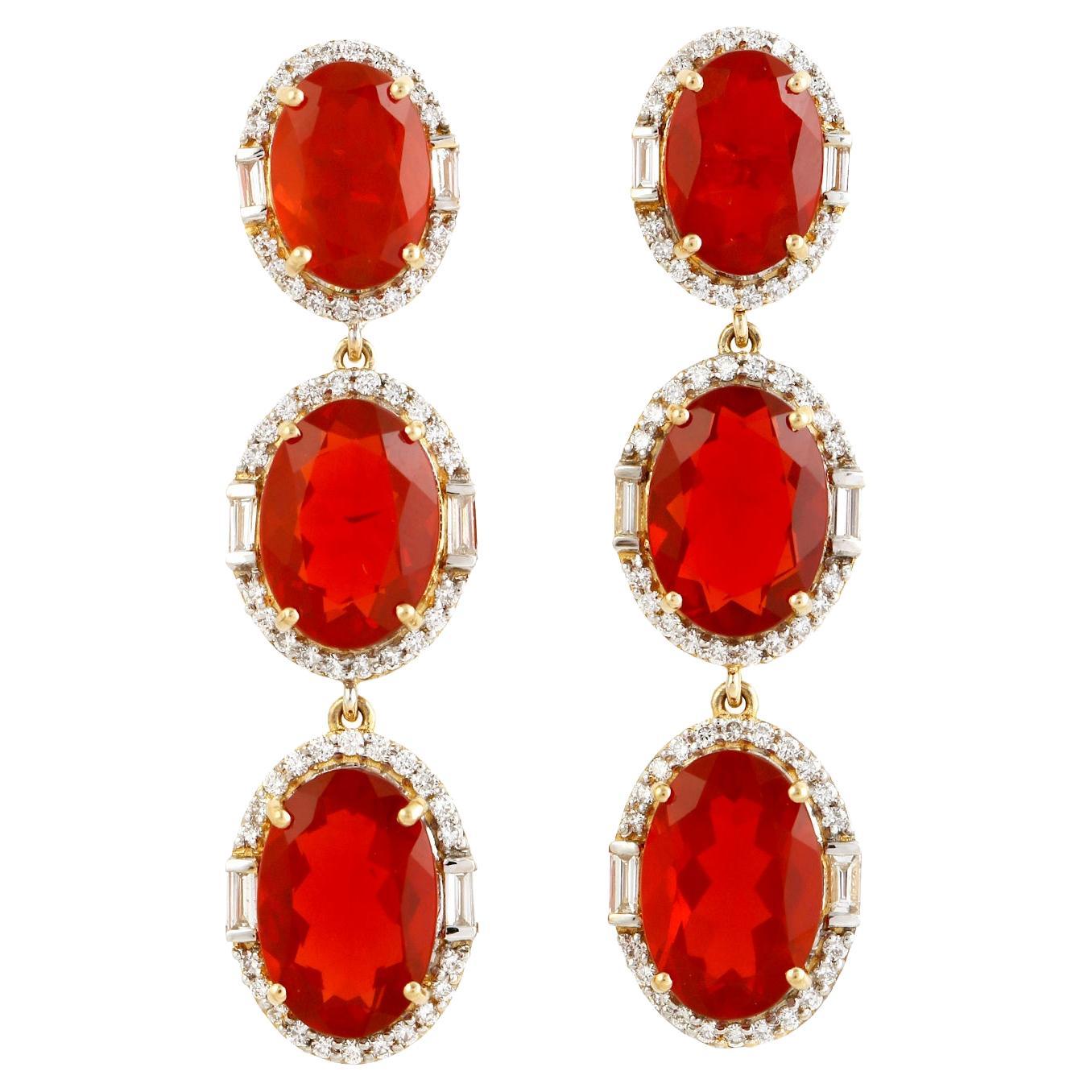 Three Tier Fire Opal Earrings With Pave Diamonds In 18k yellow Gold For Sale