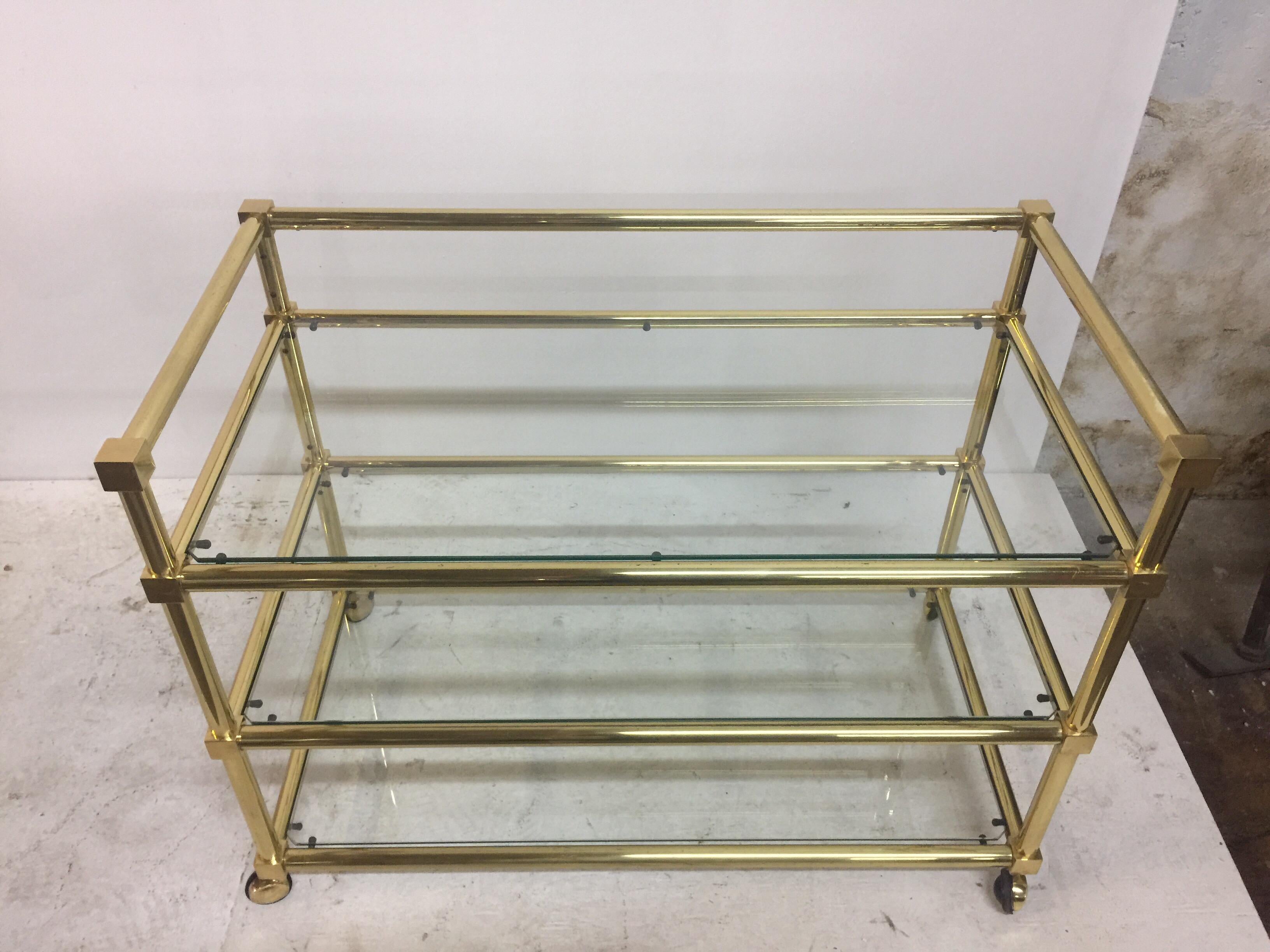 Mid-20th Century Three-Tier French Brass Bar Cart or Console For Sale