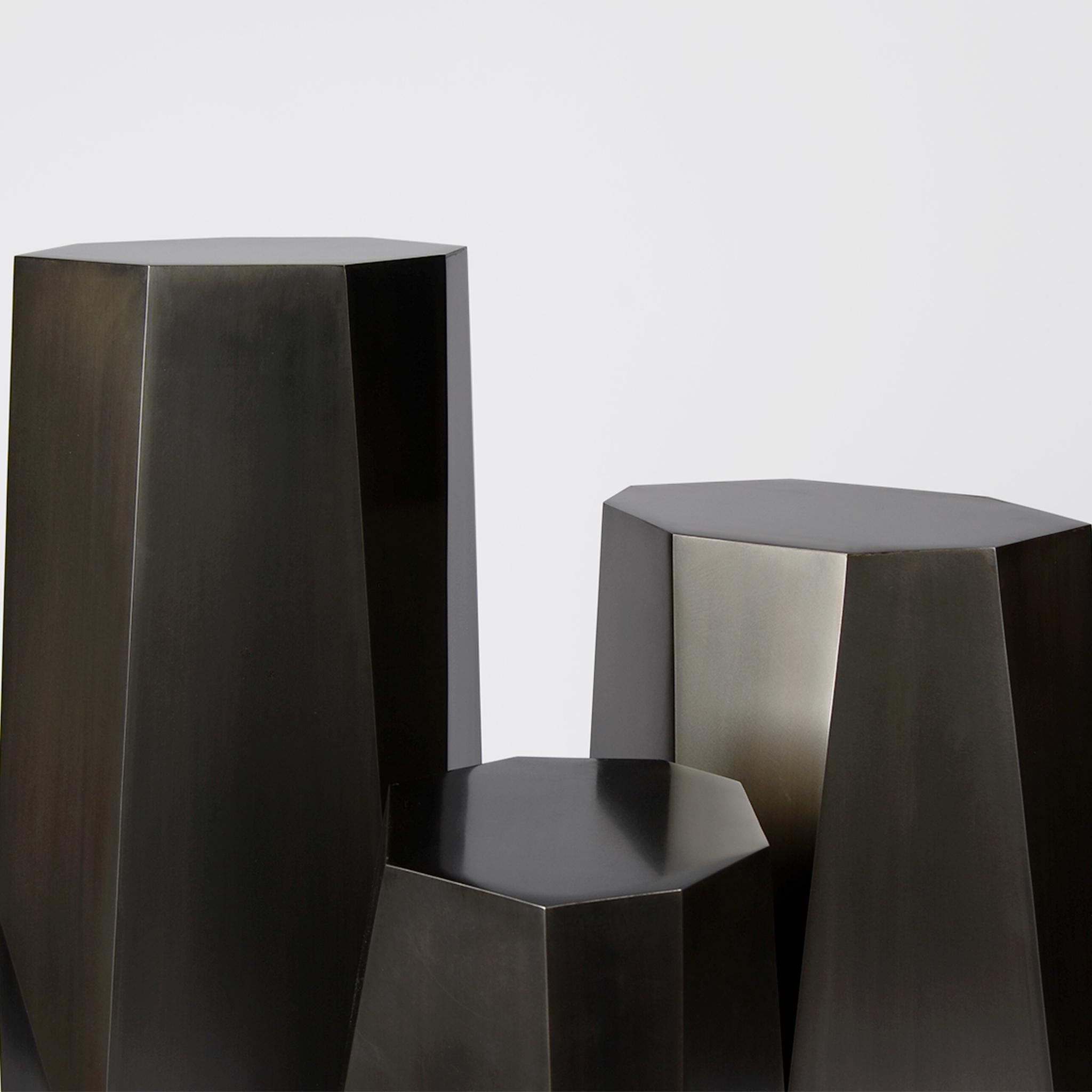 Industrial Three Tier Geometric Hex Display Pedestal Set Linear Blackened Finish