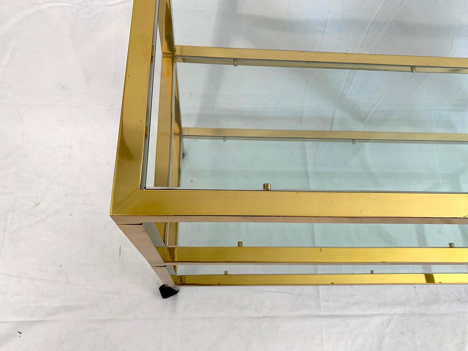 Mid-Century Modern Three-Tier Glass and Brass Drinks Cart For Sale