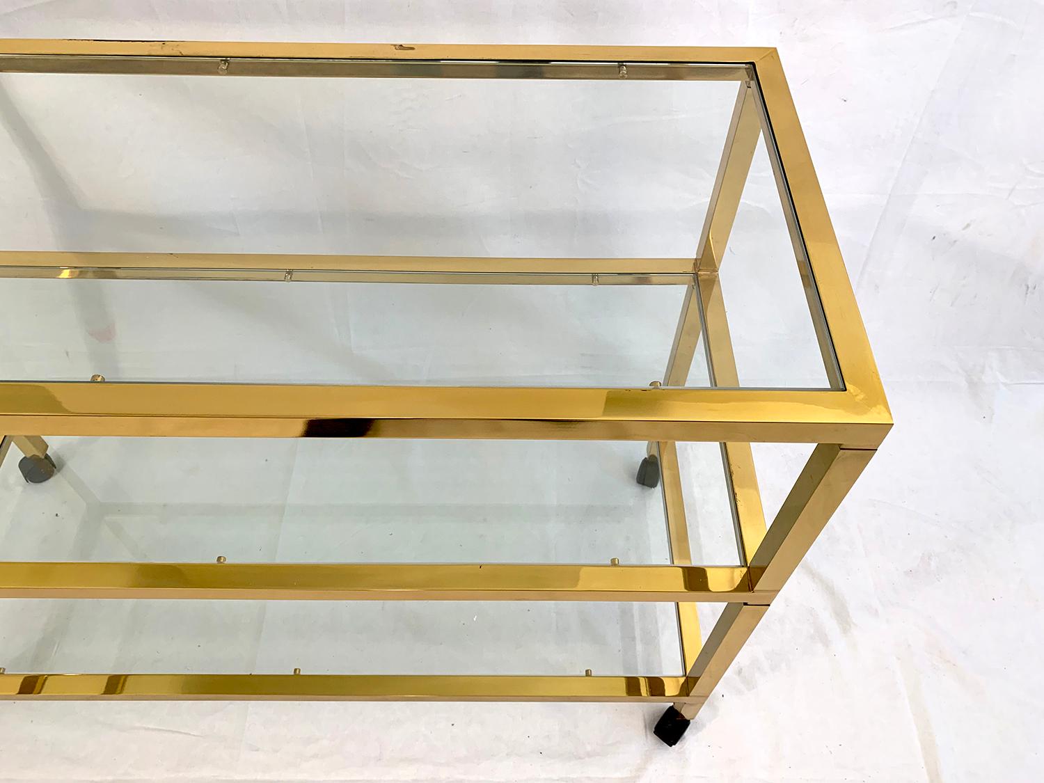 Metal Three-Tier Glass and Brass Drinks Cart For Sale