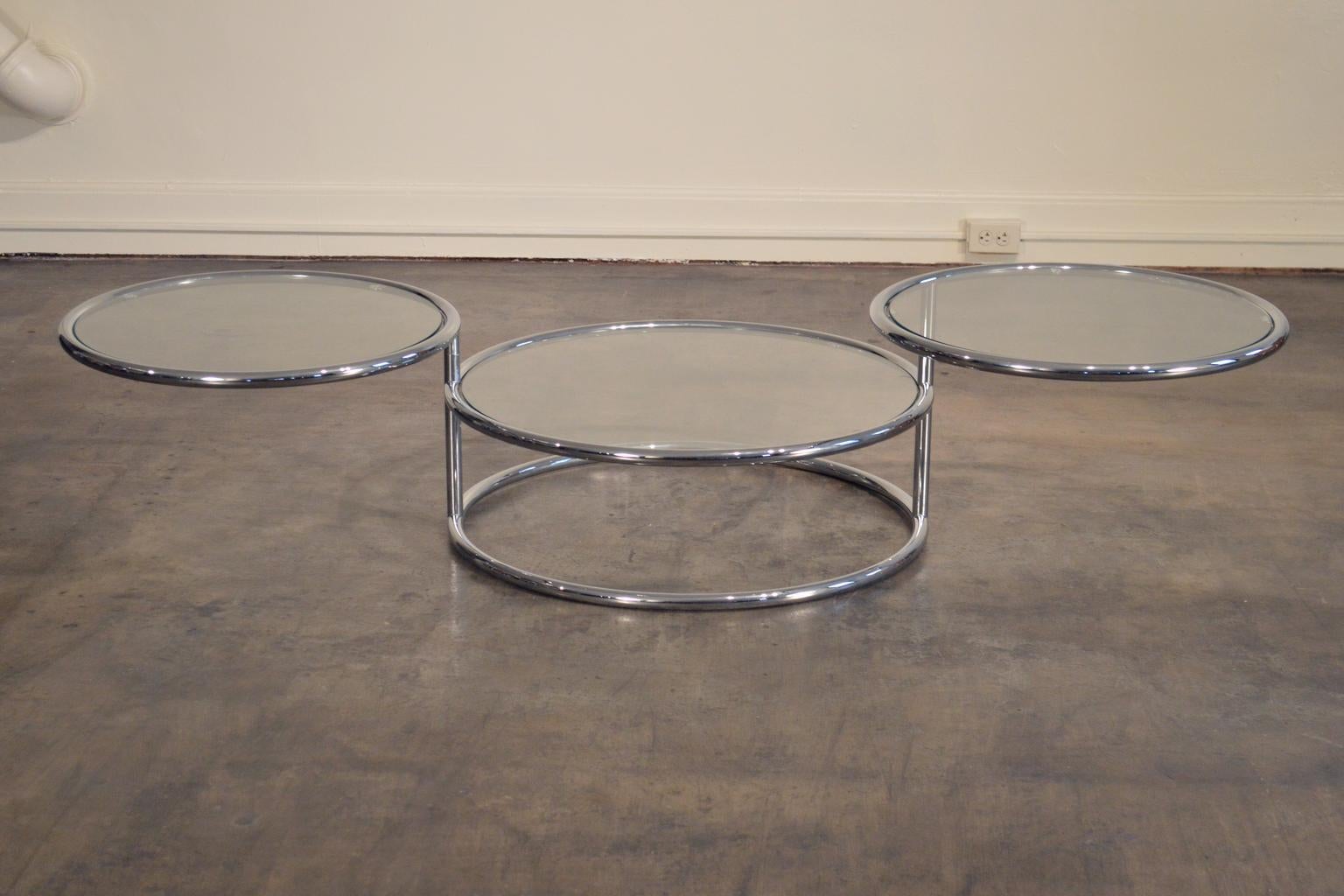 Modern Three Tier Glass and Tubular Chrome Articulating Cocktail Table c. 1970's For Sale