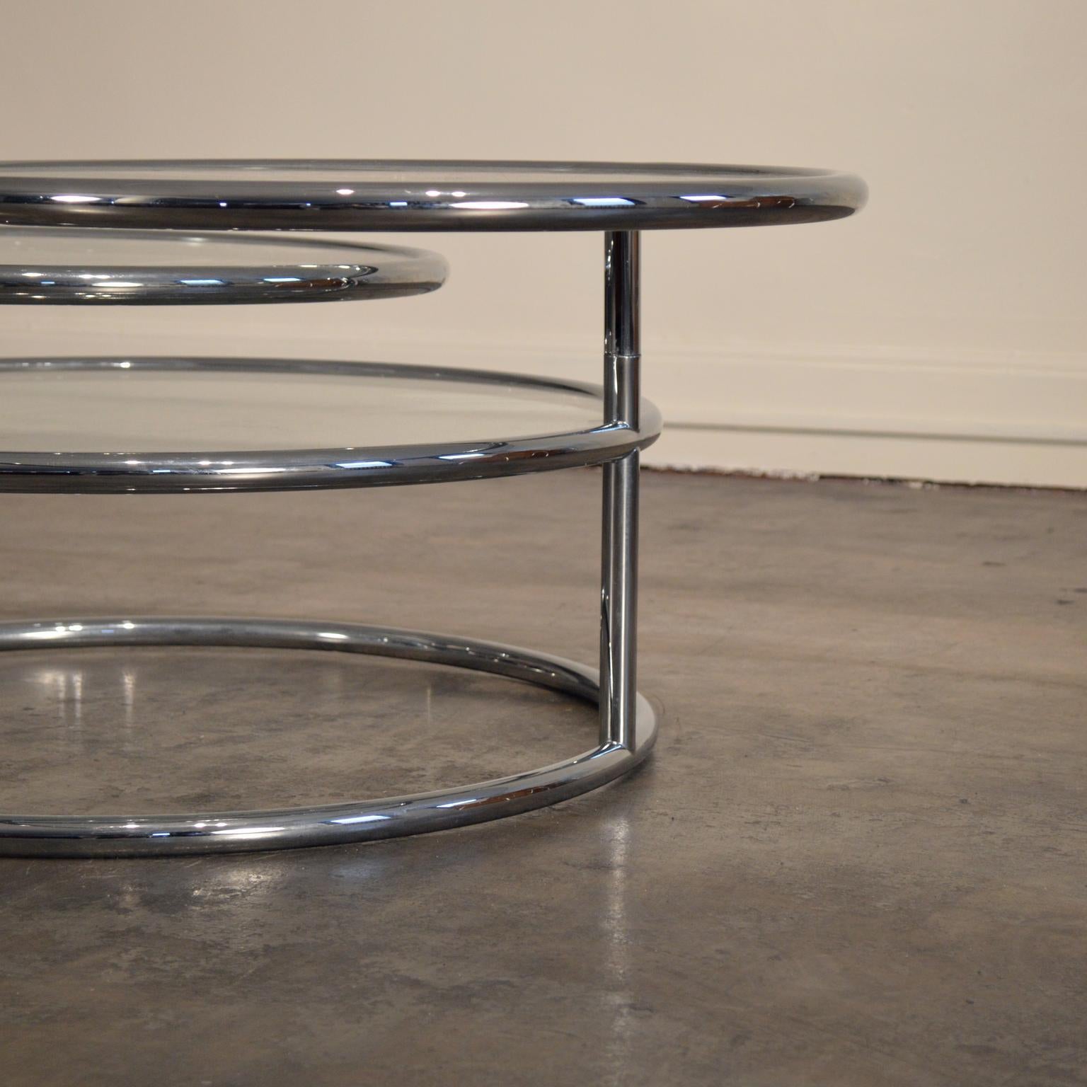 Beveled Three Tier Glass and Tubular Chrome Articulating Cocktail Table c. 1970's For Sale