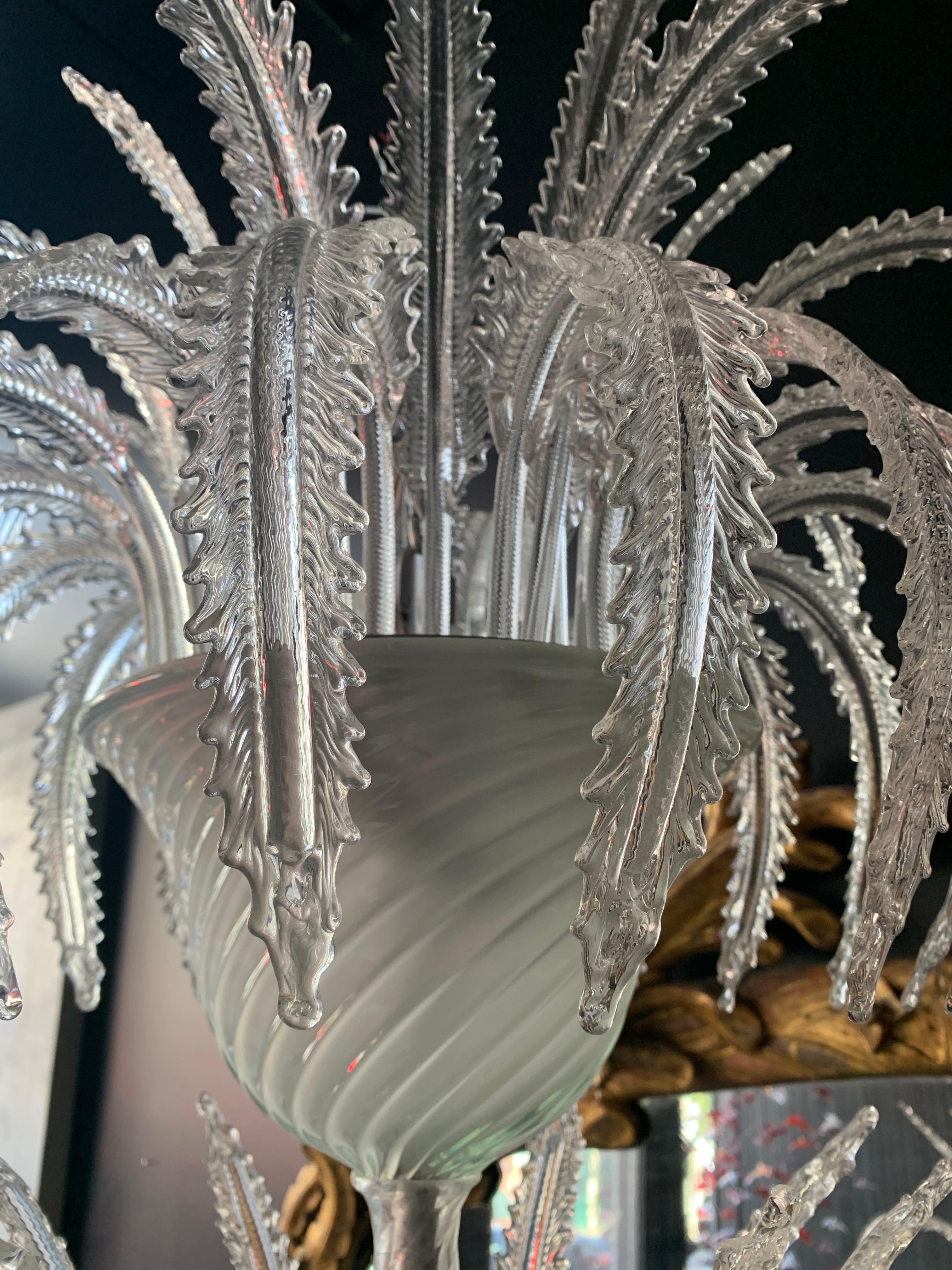 Italian Three Tier Icey Leaves Murano Chandelier For Sale