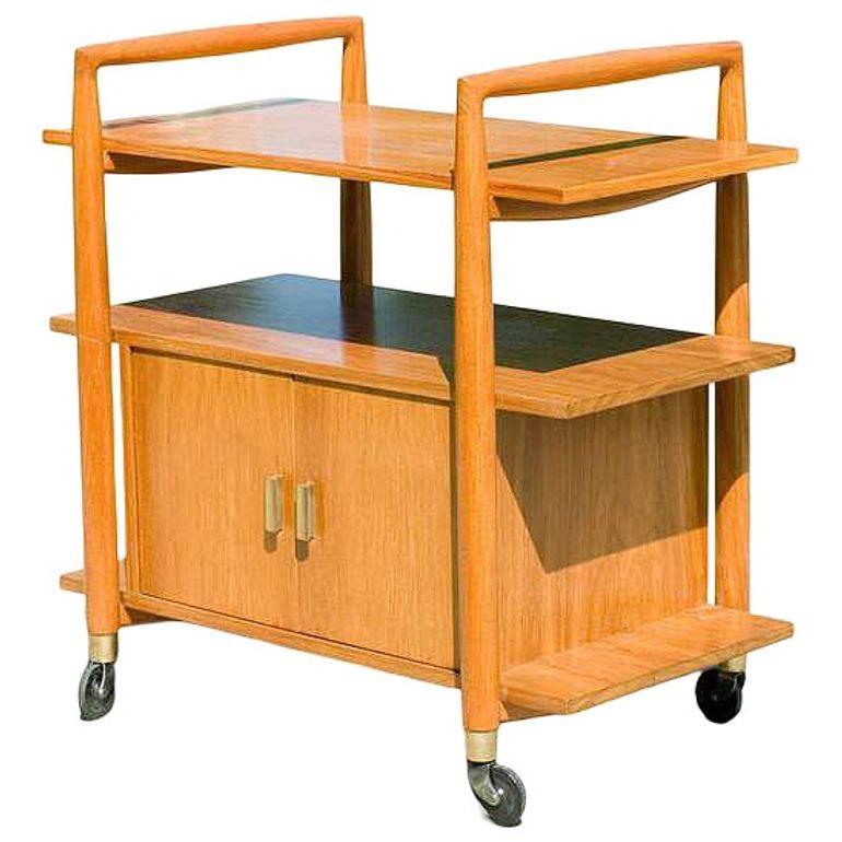 Mid-Century Modern Mid-Century Three-Tier Bar Serving Cart w/ Storage Cabinet For Sale