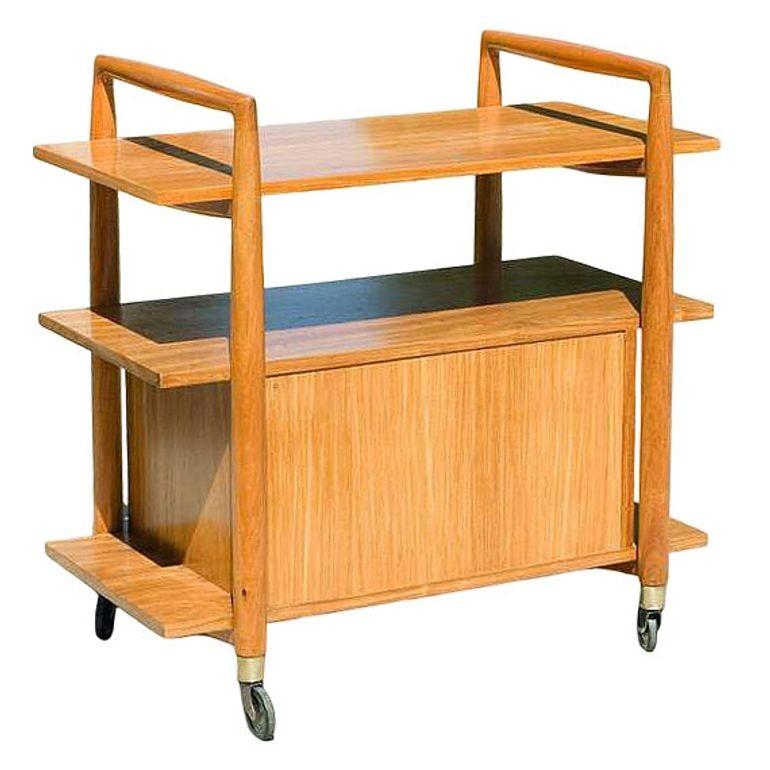 Mid-Century Three-Tier Bar Serving Cart w/ Storage Cabinet In Excellent Condition For Sale In Van Nuys, CA
