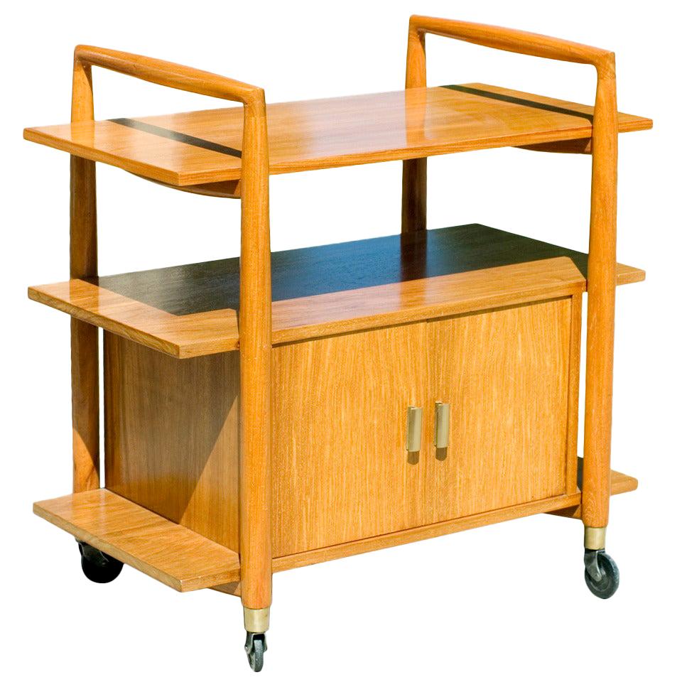 Three-Tier Midcentury Bar Cart with Storage Cabinet