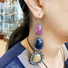 Three Tier Multi Sapphire Earring With Pave Diamond & Pearl In 18k Gold & Silver
